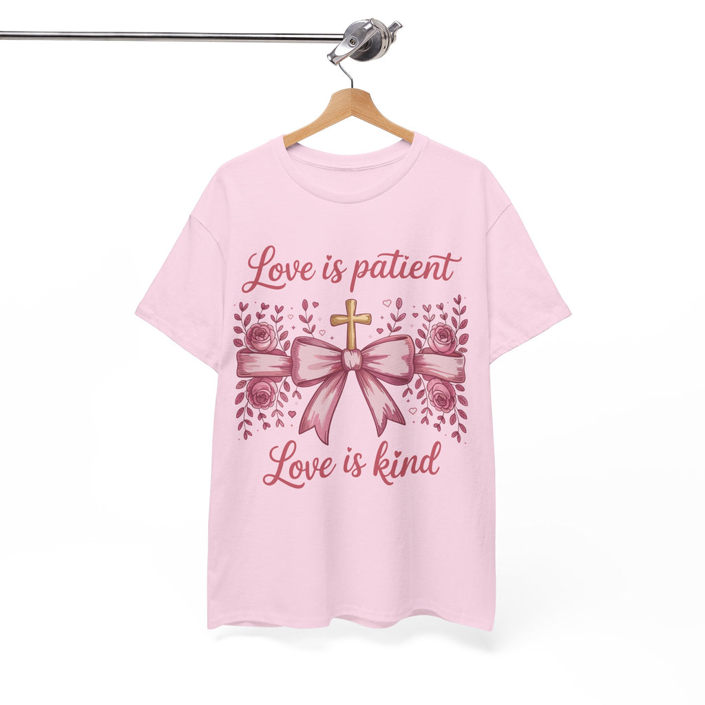 Christian Floral Tee — "Love is Patient, Love is Kind" Pink Rose Cross. Unisex Cotton Tee