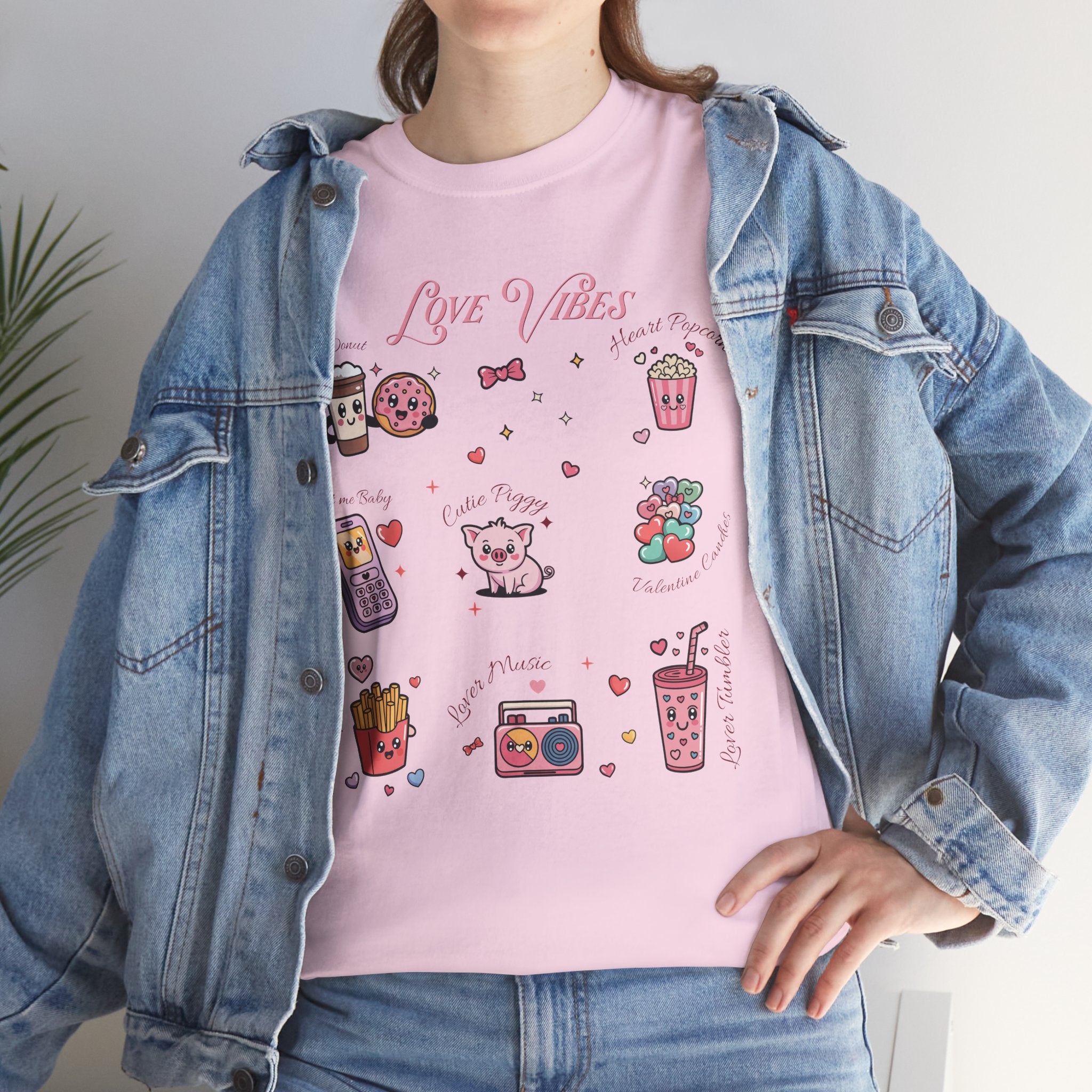 Love Vibes Kawaii Valentine T-Shirt — Cute Donut, Coffee & Piglet Design Unisex Cotton Tee