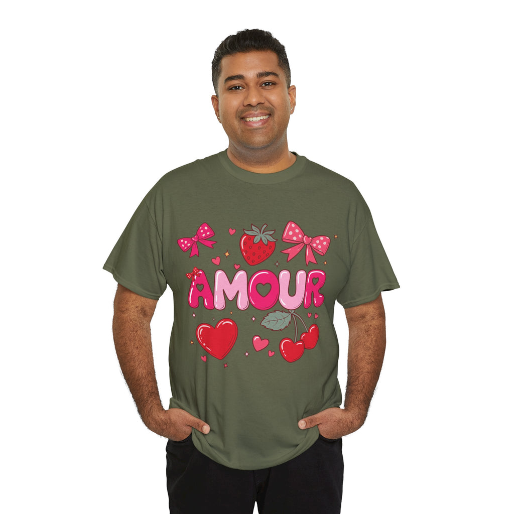 Amour Pink Hearts Tee — Shiny Lettering with Bows, Cherries & Strawberry Accent...Unisex Cotton Tee