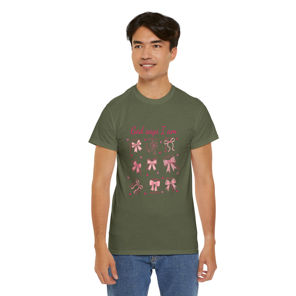 God Says I Am Pink Bow Tee — Faith-Based 'Loved, Brave, Strong' Unisex Cotton Shirt