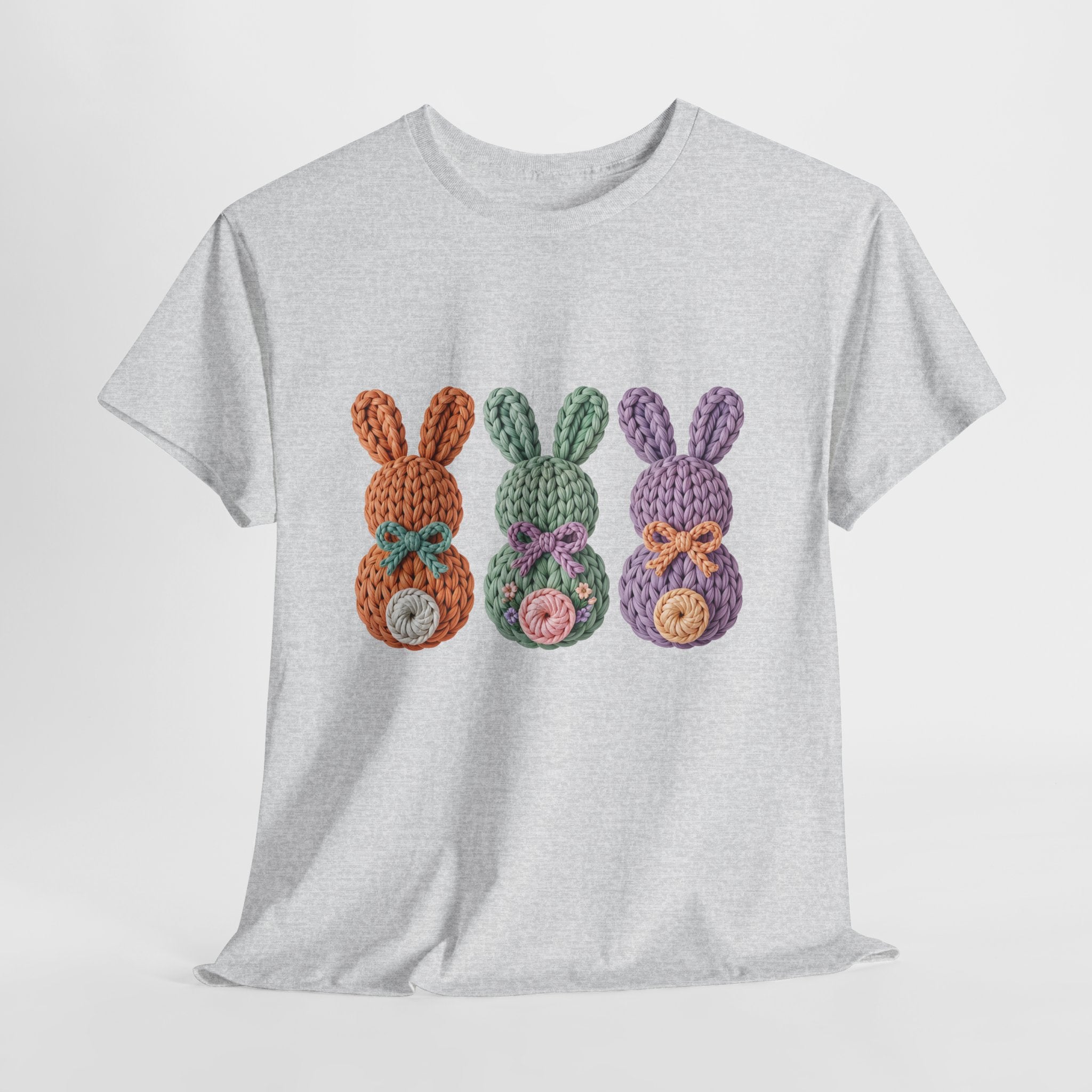 Pastel Crochet Bunny Tee — Trio of Faux Knit Bunnies with Bows & Flowers Unisex Cotton Tee