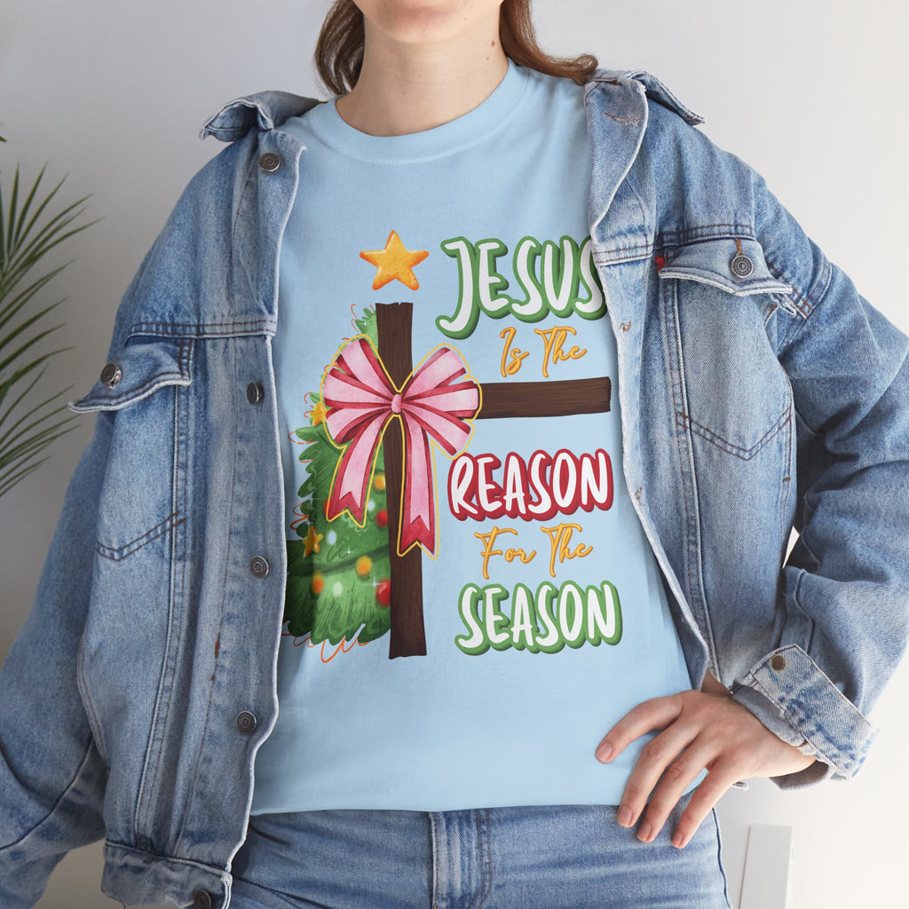 Jesus Is the Reason for the Season Christmas Tee — Cross with Pink Bow & Tree. Unisex Cotton Tee