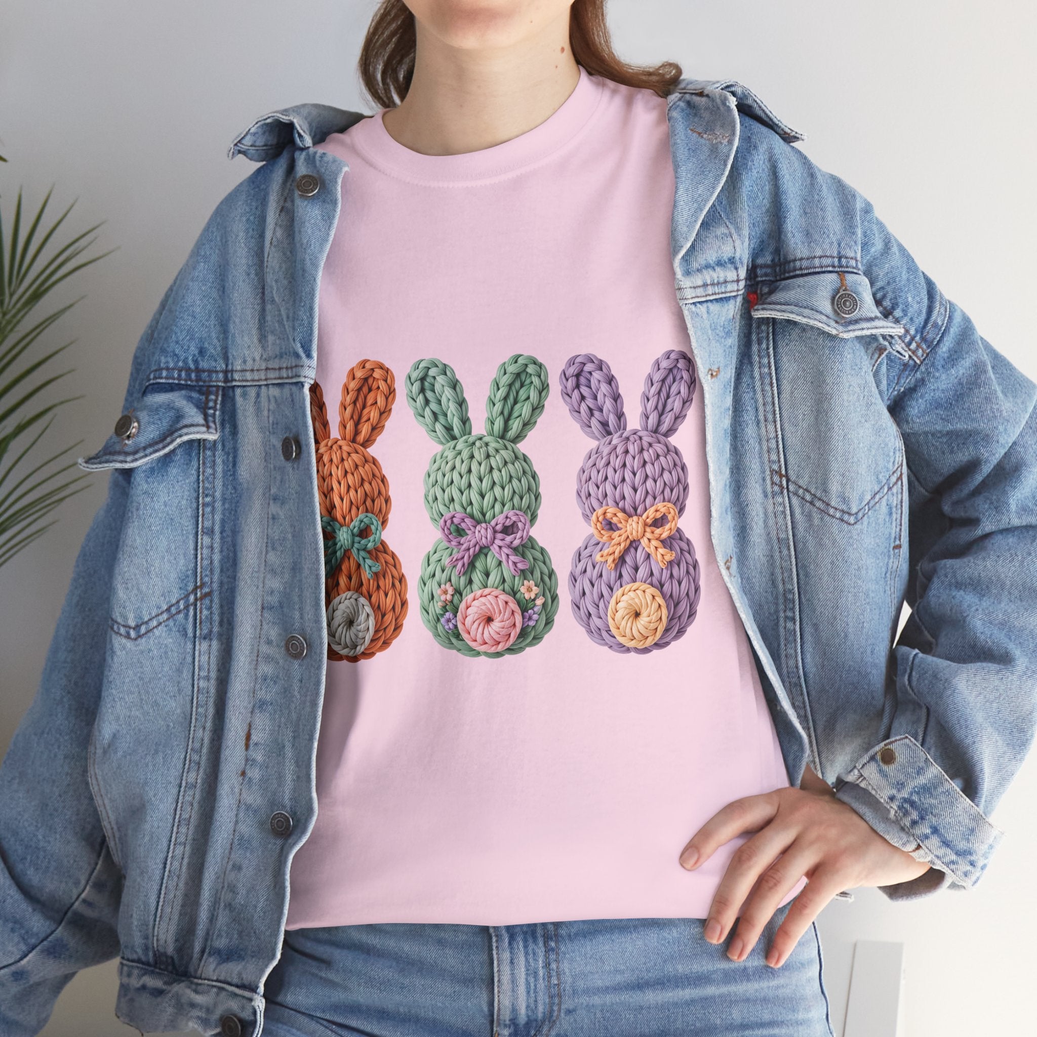 Pastel Crochet Bunny Tee — Trio of Faux Knit Bunnies with Bows & Flowers Unisex Cotton Tee
