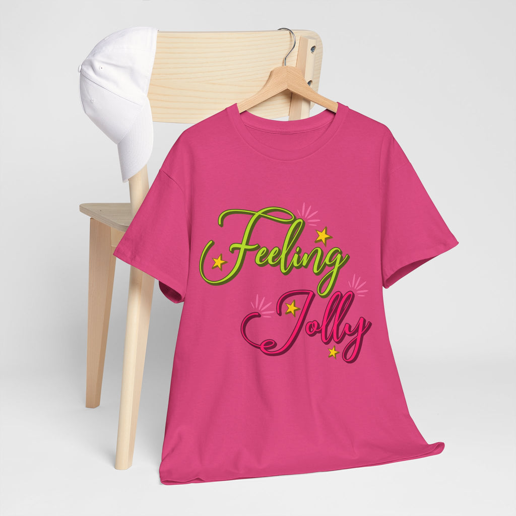 Feeling Jolly Tee — Festive Green & Pink Script with Yellow Stars Unisex Cotton Tee
