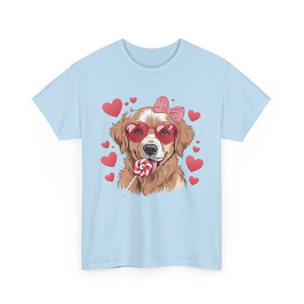 Valentine Dog T-Shirt — Cute Pup with Heart Glasses, Pink Bow & Lollipop..Unisex Cotton Tee