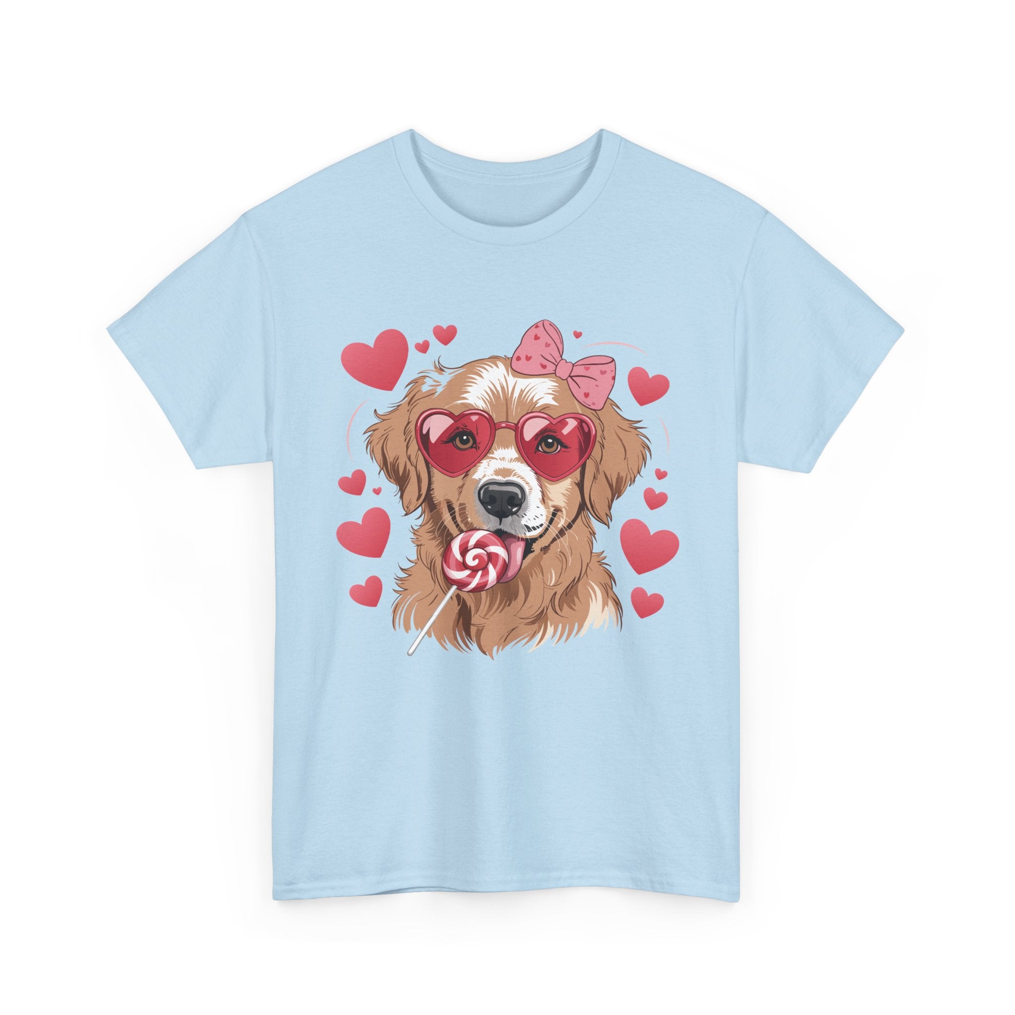 Valentine Dog T-Shirt — Cute Pup with Heart Glasses, Pink Bow & Lollipop..Unisex Cotton Tee