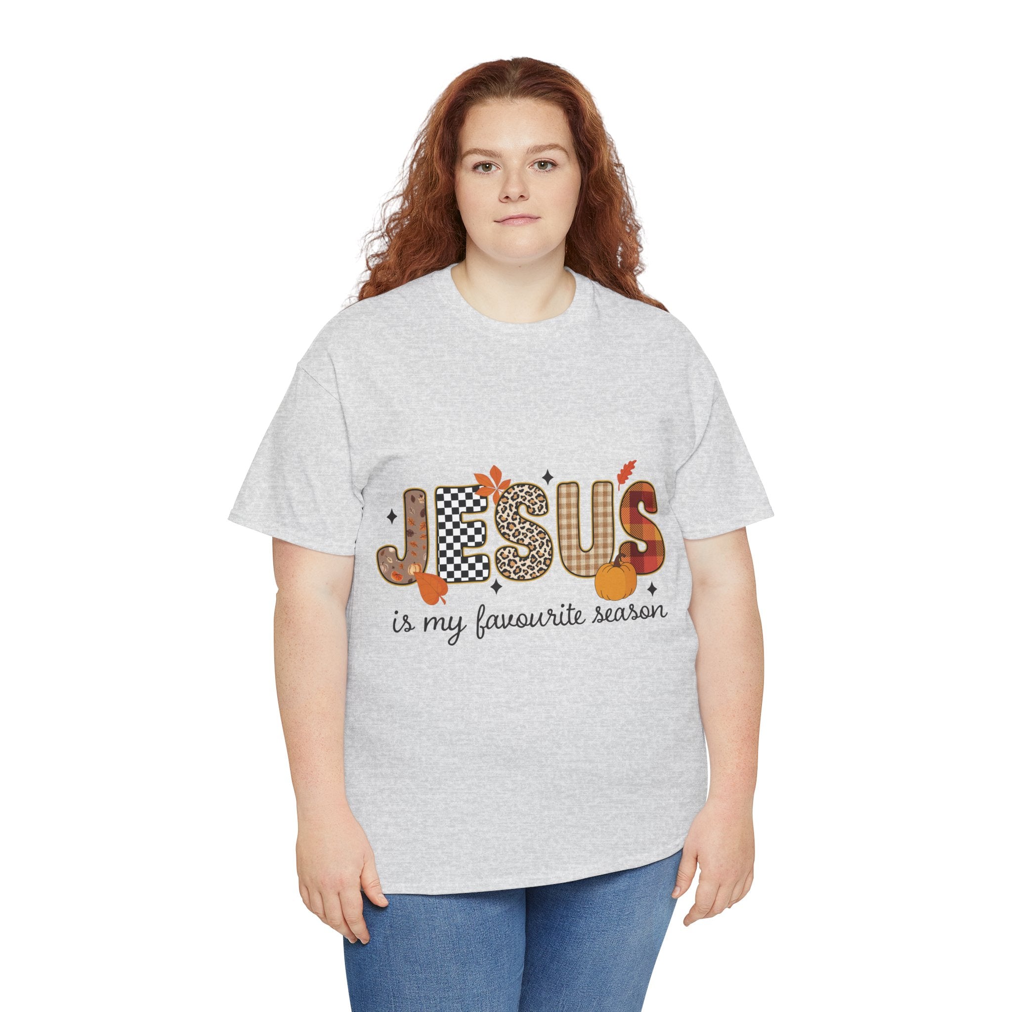 Jesus Is My Favorite Season Tee — Autumn Plaid & Leopard Lettering Unisex Cotton Tee