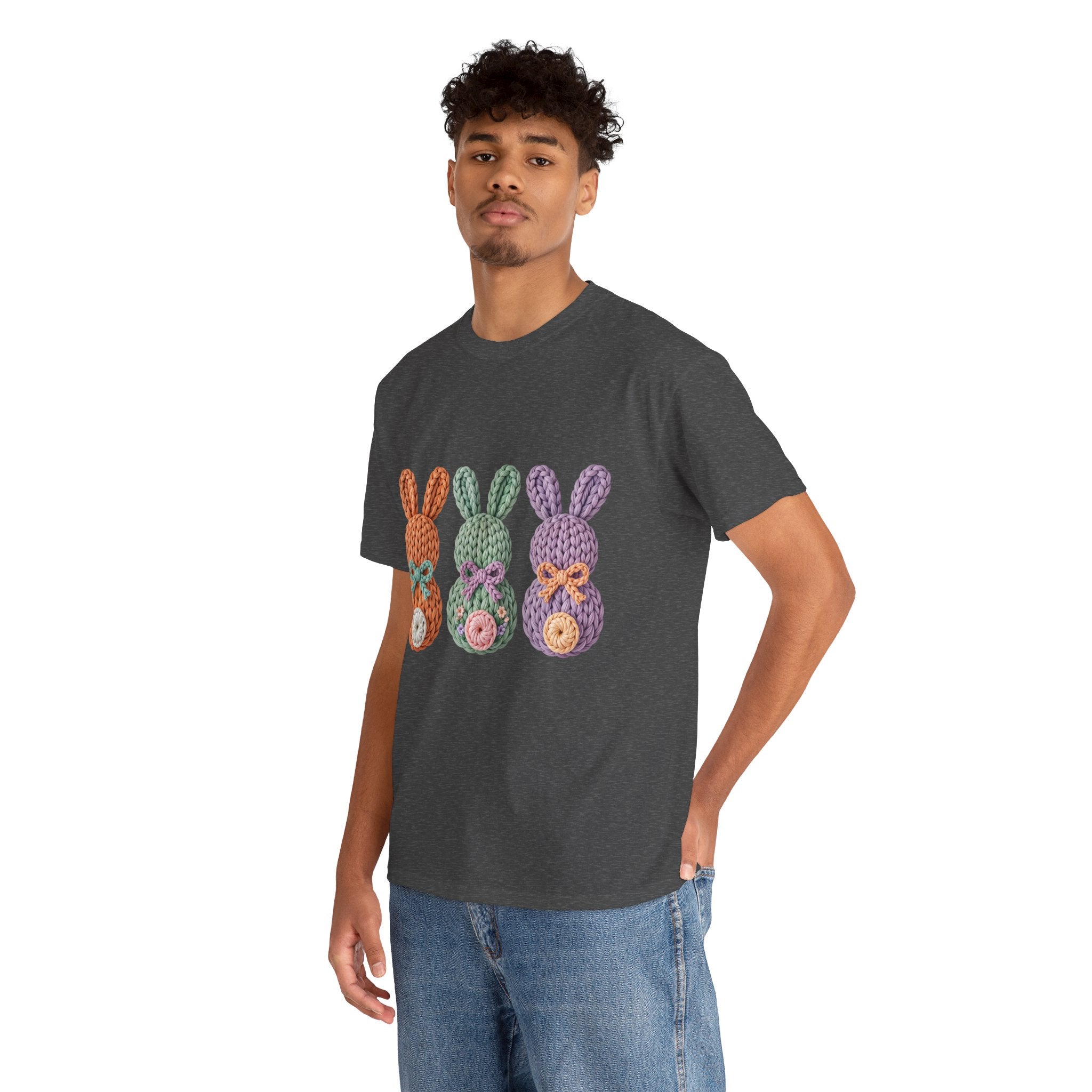 Pastel Crochet Bunny Tee — Trio of Faux Knit Bunnies with Bows & Flowers Unisex Cotton Tee