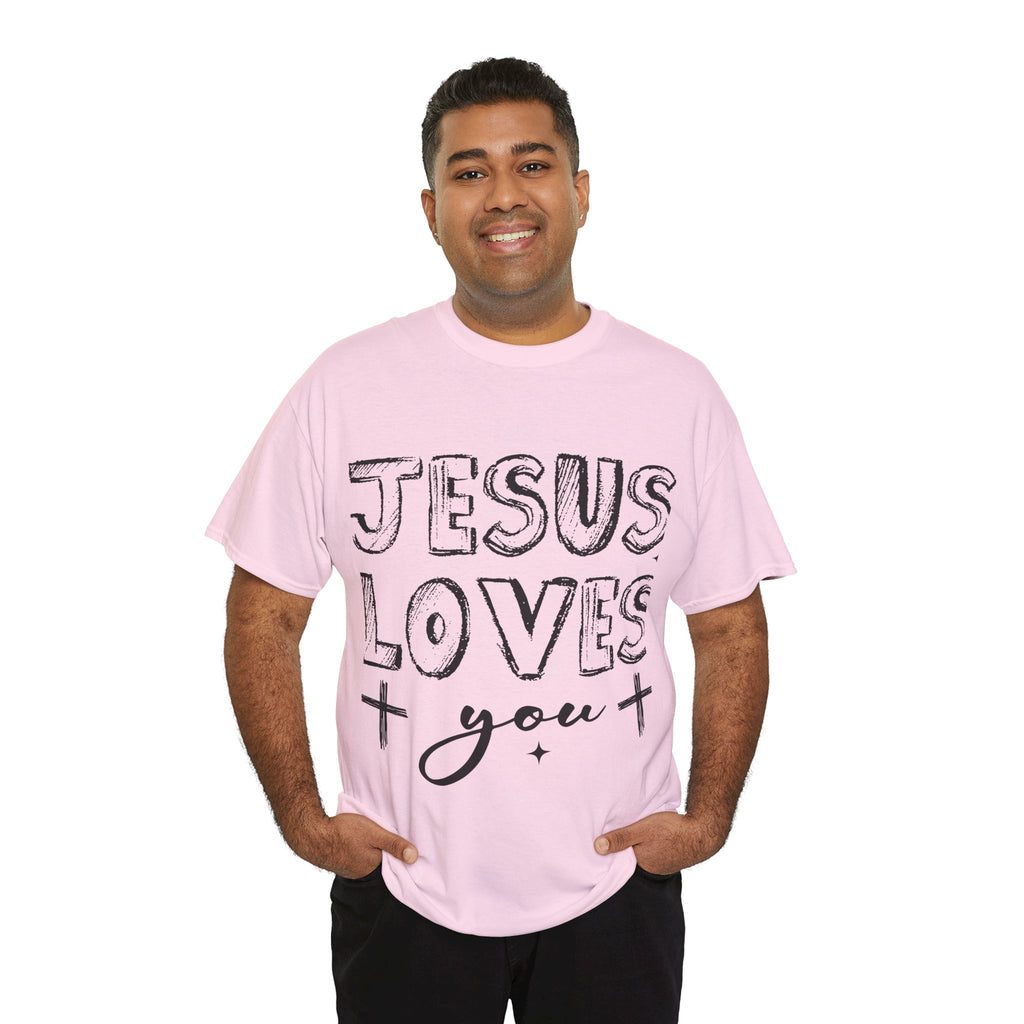 Jesus Loves You Chalk-Style Tee — Crosses & Stars Christian UNisex Cotton T-Shirt