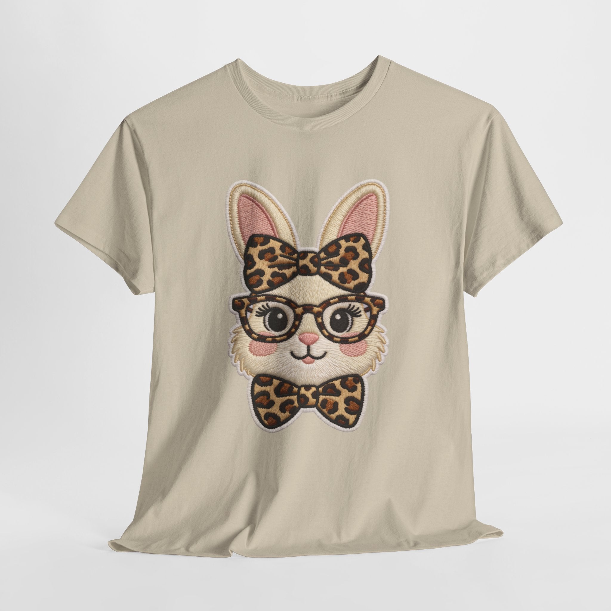 Leopard Bow Bunny Embroidered Tee — Cute Bunny Face with Glasses Patch Unisex Cotton Tee