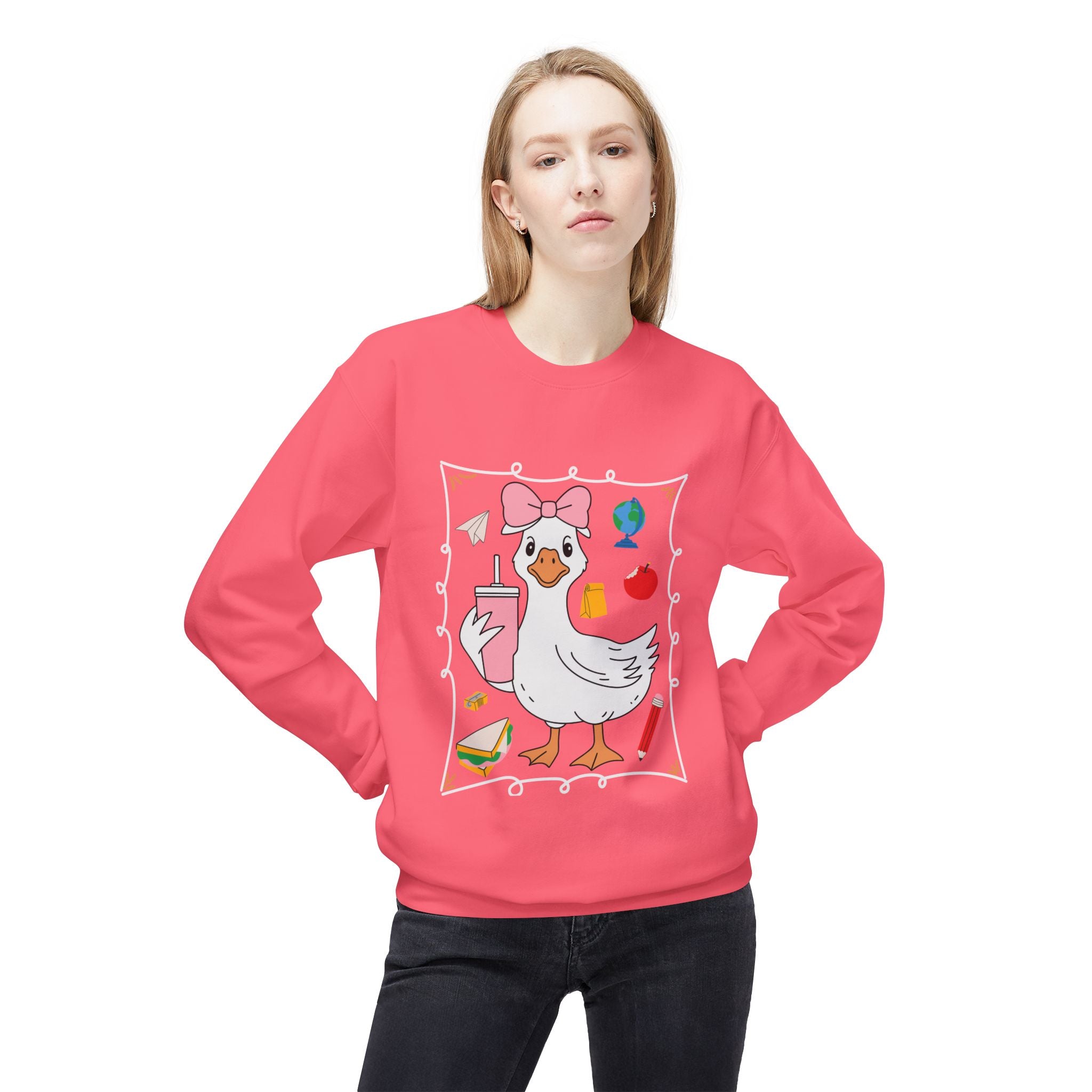 Cute Goose Drinking Fleece Crewneck Sweatshirt- Unisex