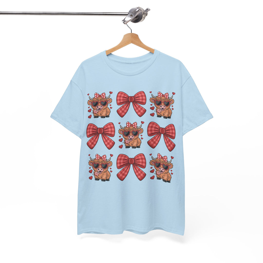 Valentine Cow Checkered Tee — Fluffy Cows with Heart Sunglasses & Red Bows..Unisex Cotton Tee