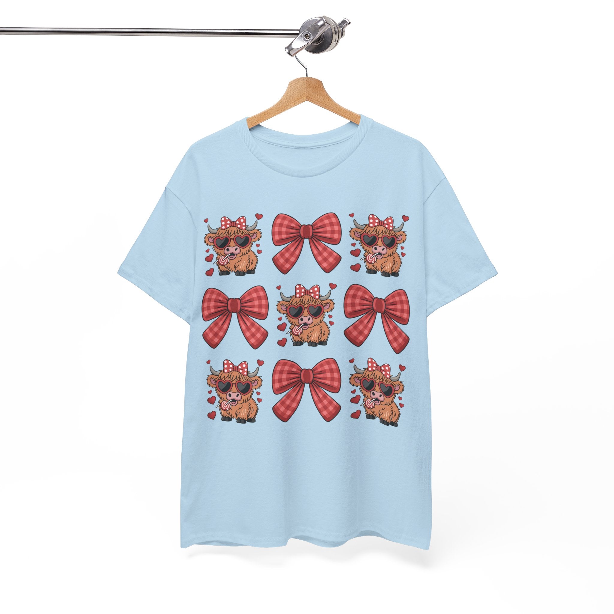Valentine Cow Checkered Tee — Fluffy Cows with Heart Sunglasses & Red Bows..Unisex Cotton Tee