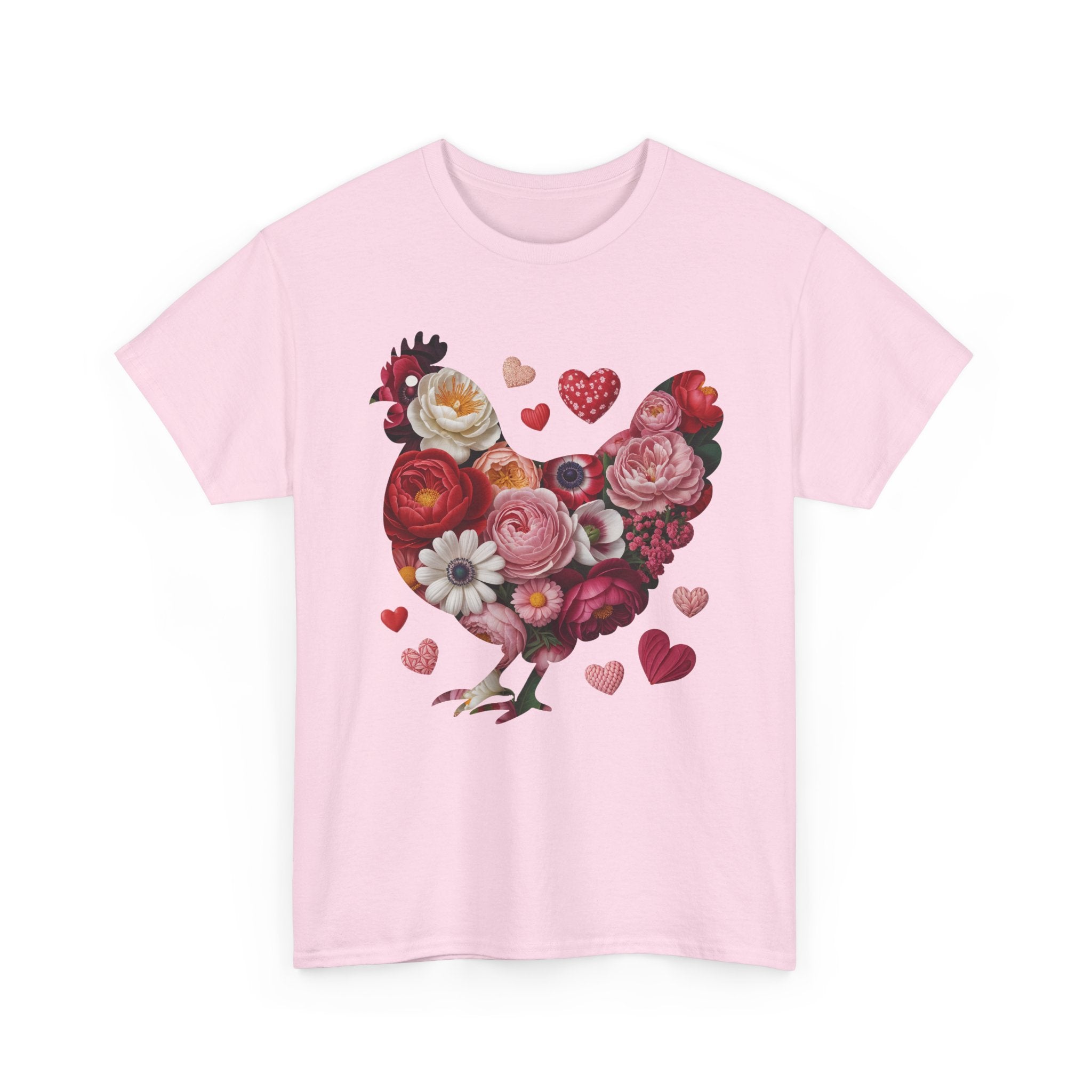 Floral Chicken Heart Tee — Red & Pink Flower Silhouette Unisex Cotton Tee