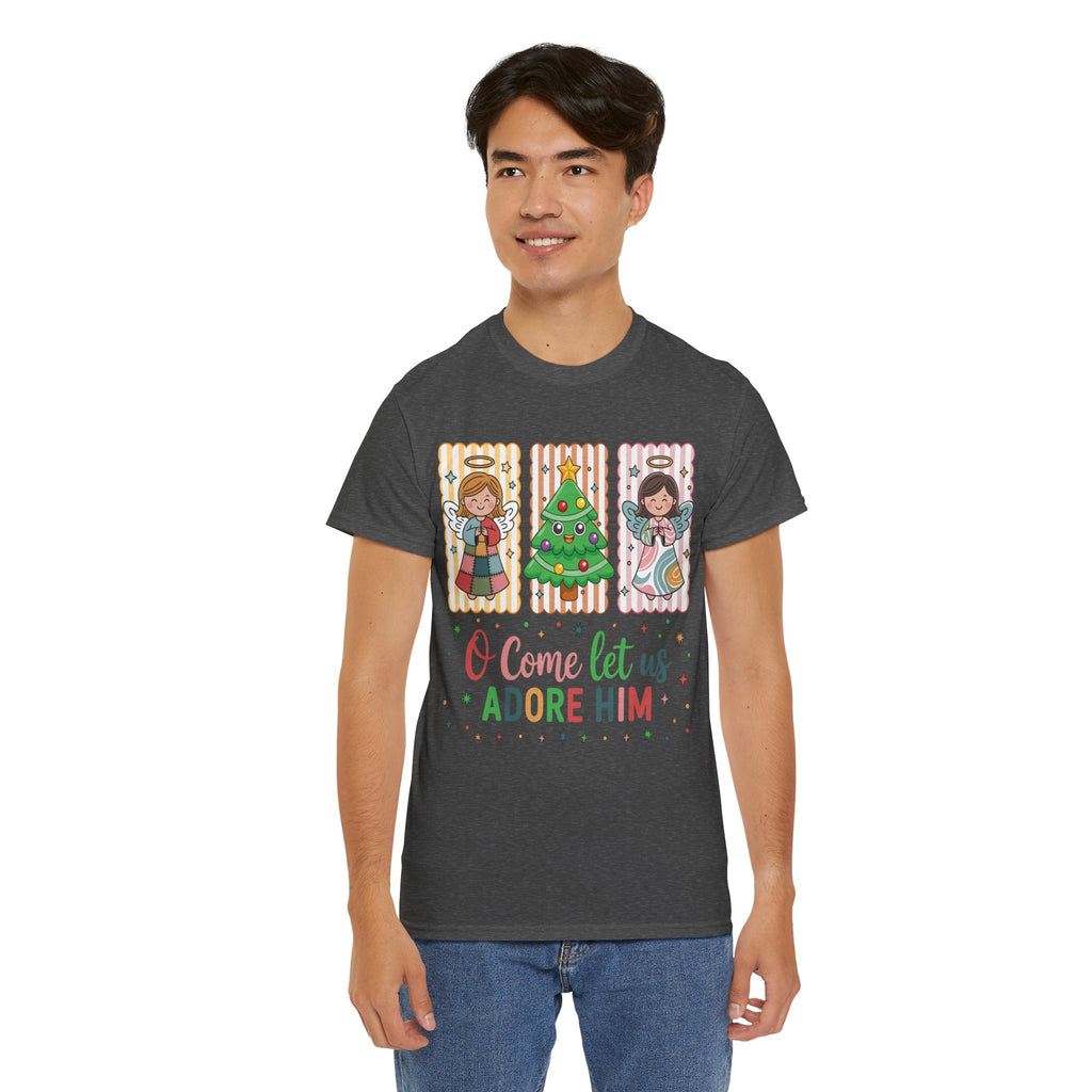 O Come Let Us Adore Him Christmas Tee — Smiling Angels & Happy Tree..Unisex Cotton Tee