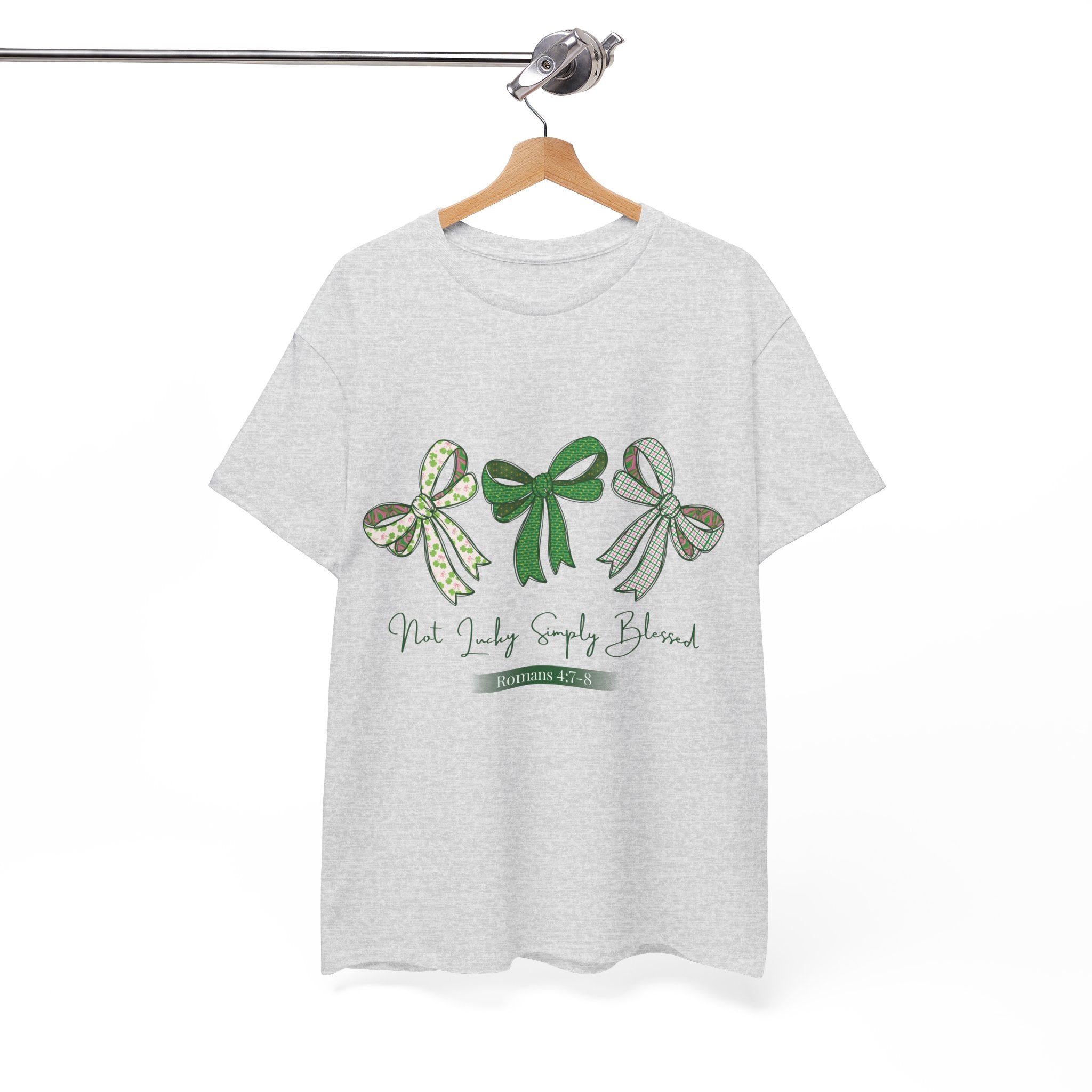 Not Lucky Simply Blessed Tee — Romans 4:7-8 Green Bow Christian Unisex Cotton T-Shirt