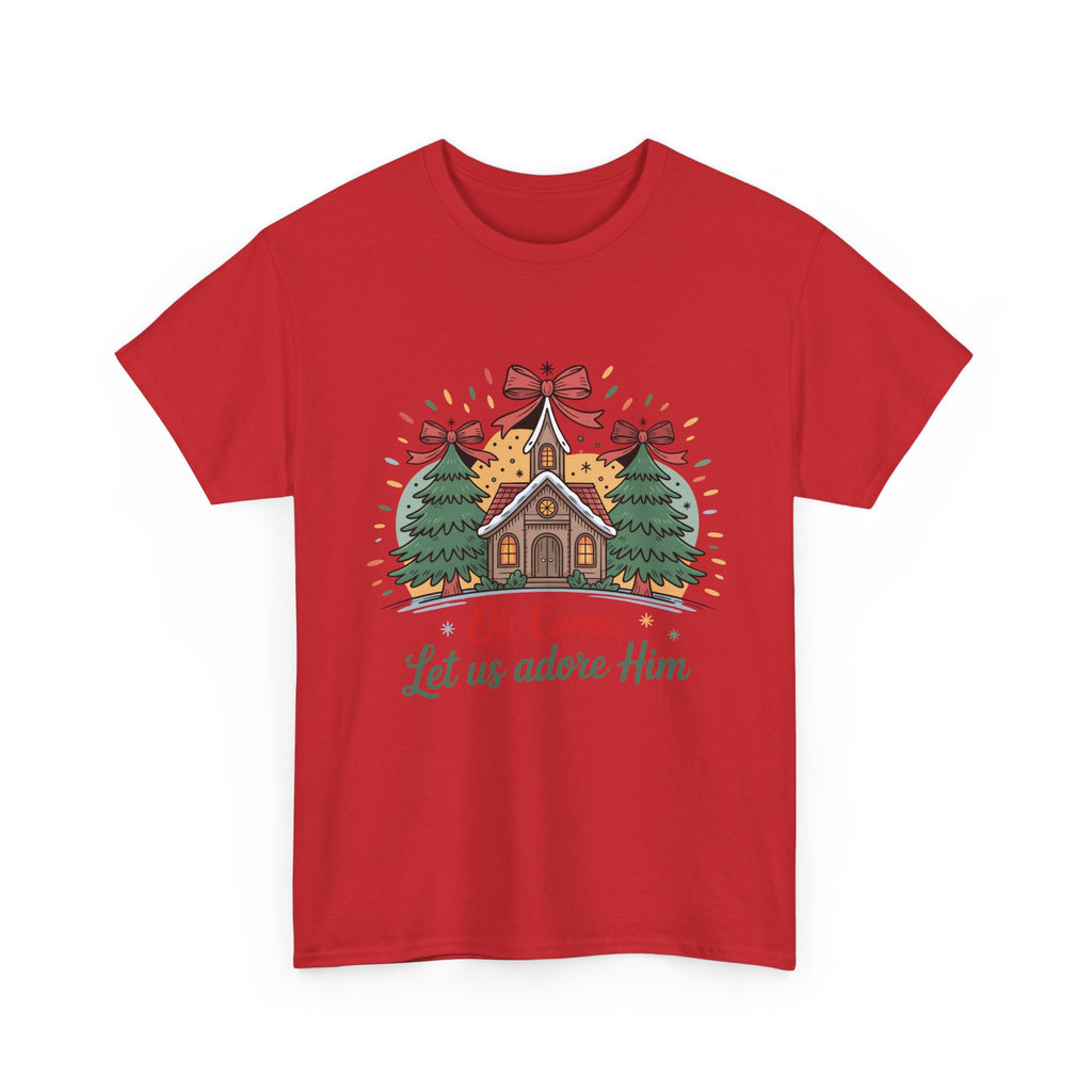 Oh Come Let Us Adore Him Christmas Tee — Church & Trees Holiday Unisex Cotton Tshirt