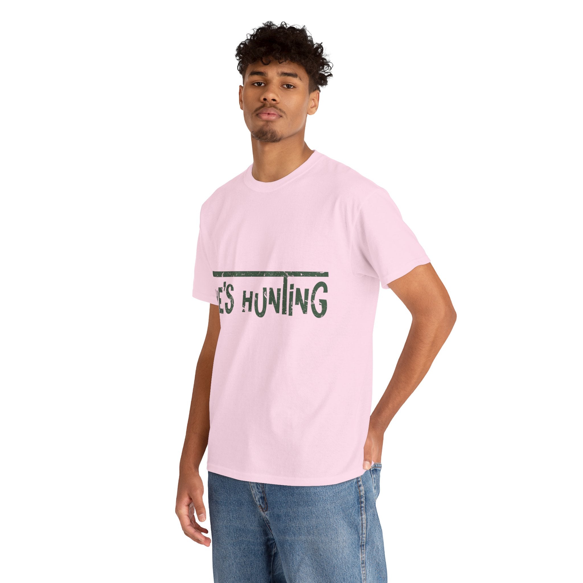 He’s Hunting Distressed Tee — Minimalist Tan Hunting Unisex Cotton Tshirt