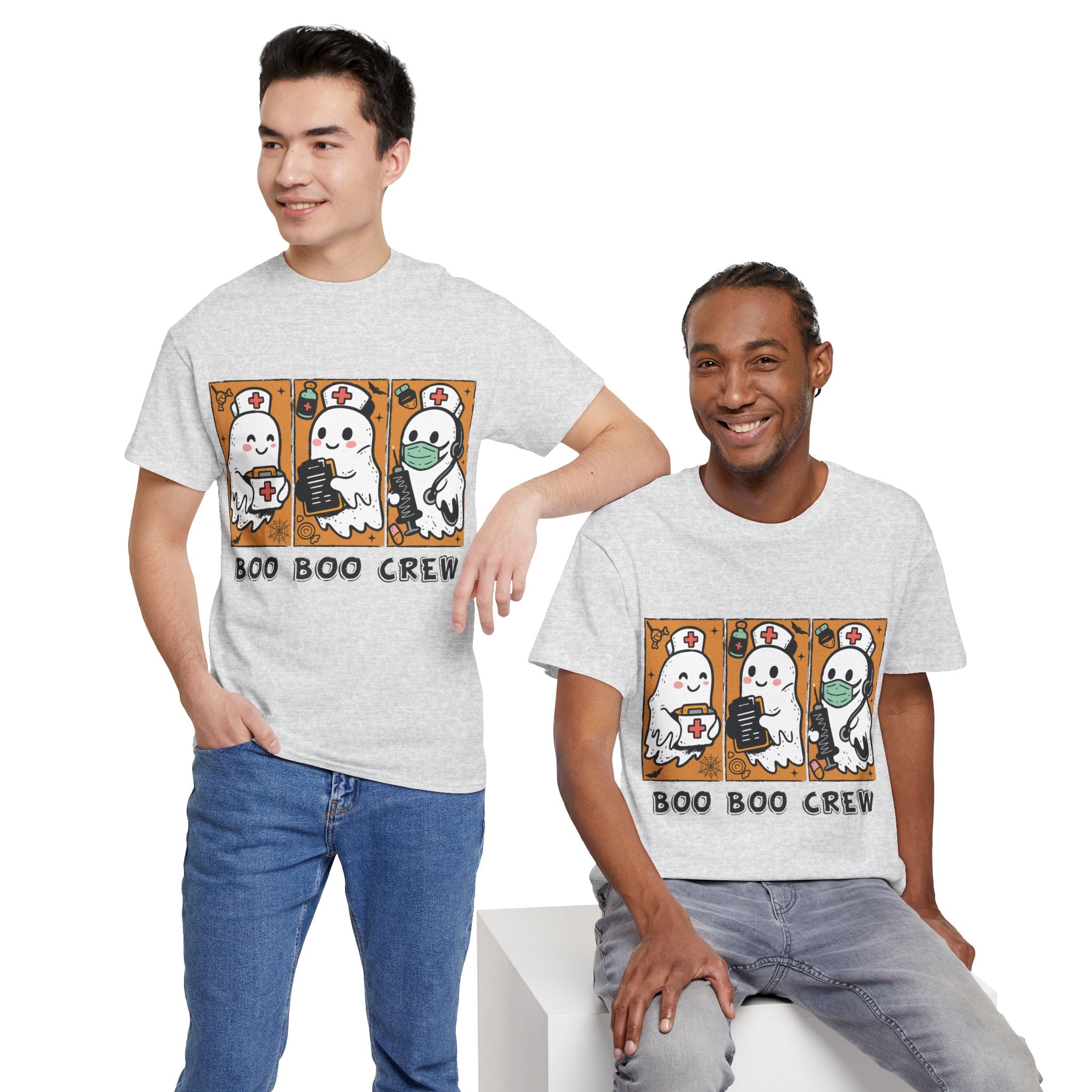 Halloween Nurse T-Shirt — Ghost Nurses Holding Medical Tools on Orange Unisec Cotton Tee