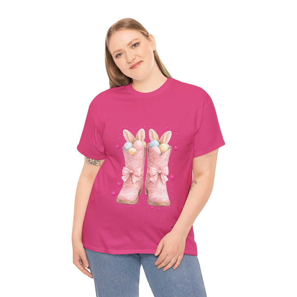 Easter Pink Western Boots Tee — Pastel Bunny Eggs & Bows Unisex Cotton Tee