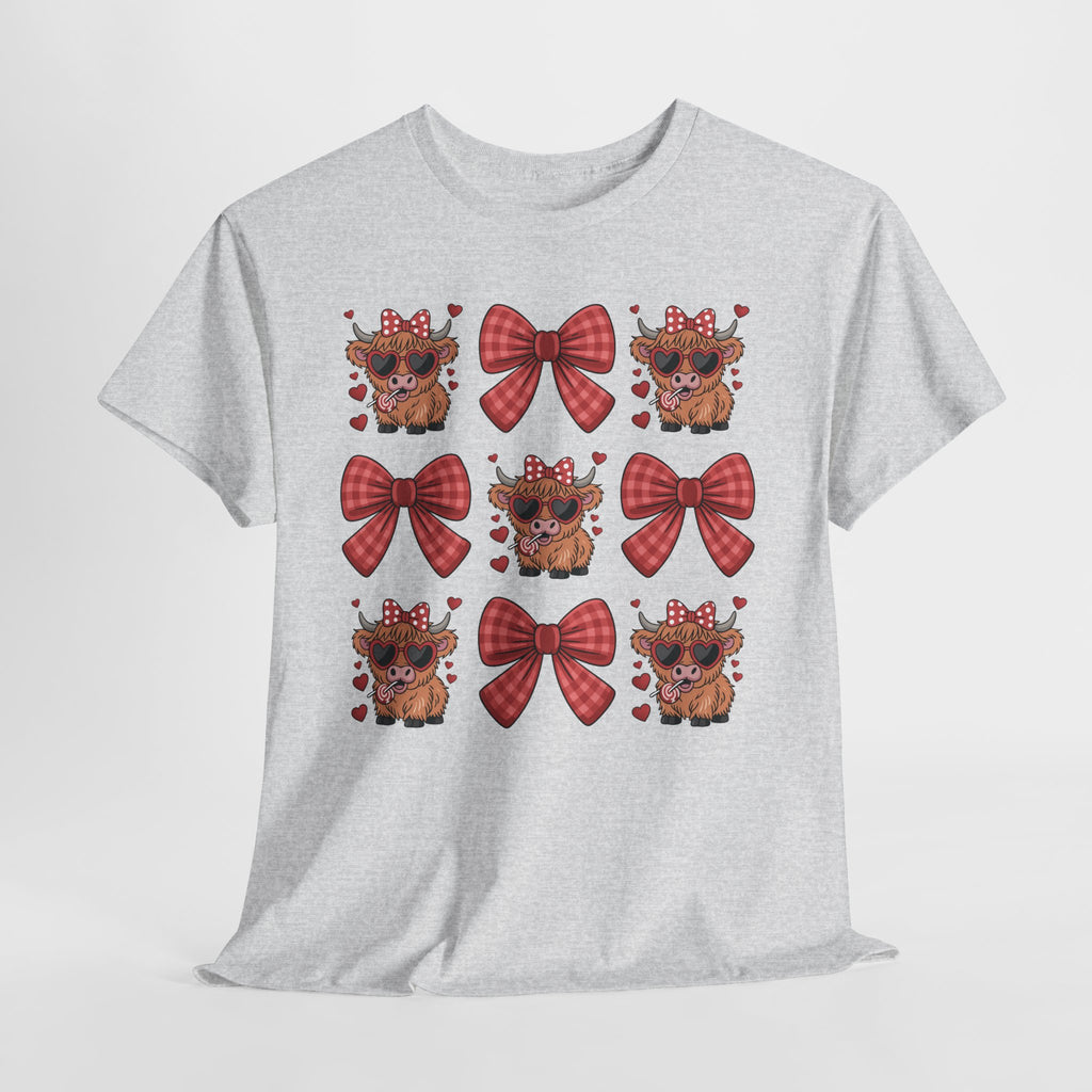 Valentine Cow Checkered Tee — Fluffy Cows with Heart Sunglasses & Red Bows..Unisex Cotton Tee