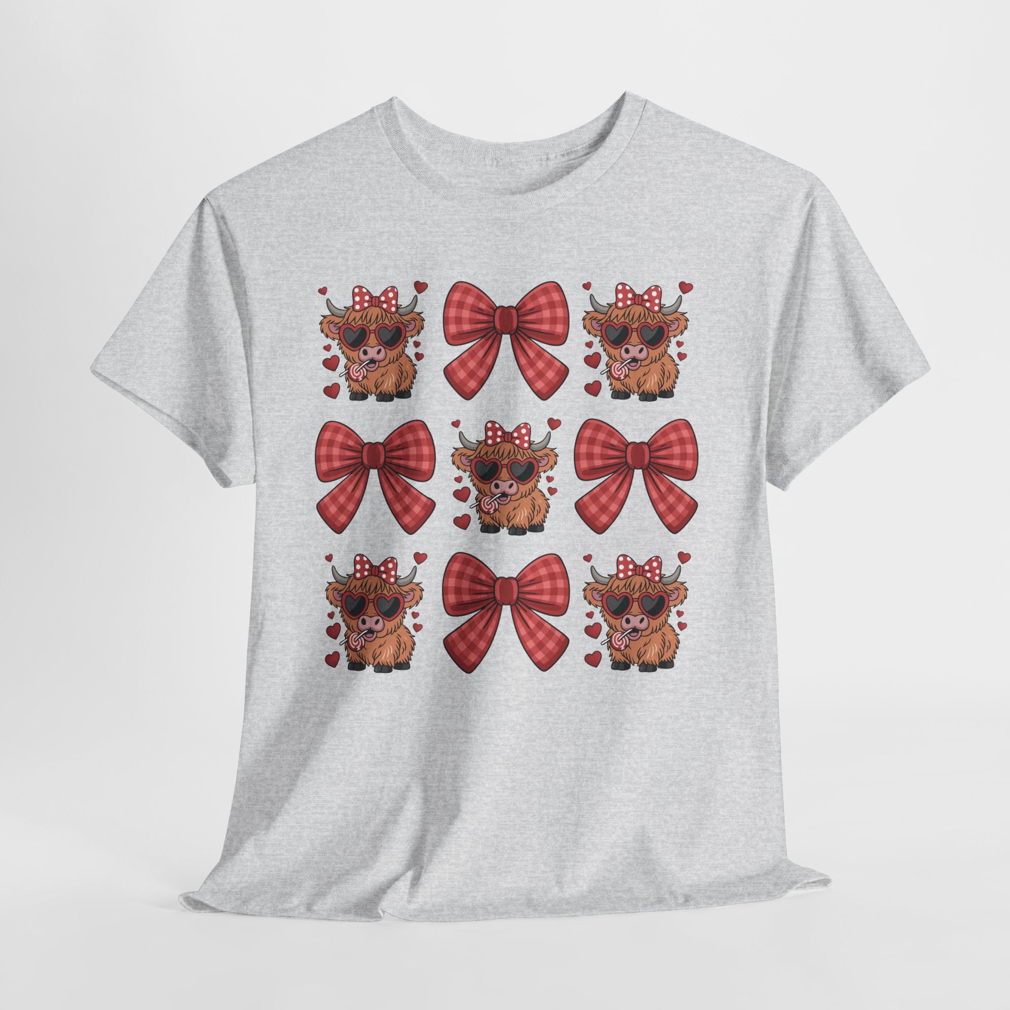 Valentine Cow Checkered Tee — Fluffy Cows with Heart Sunglasses & Red Bows..Unisex Cotton Tee