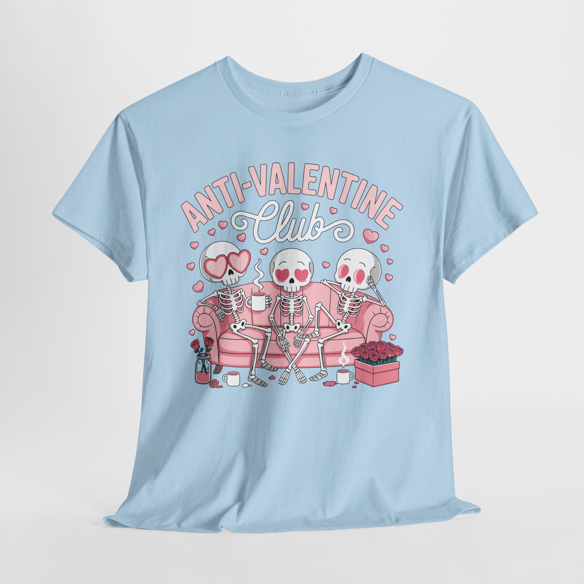 Anti-Valentine Club Skeleton Tee — Anti-Romance Pink Couch Graphic Unisex Cotton T-Shirt