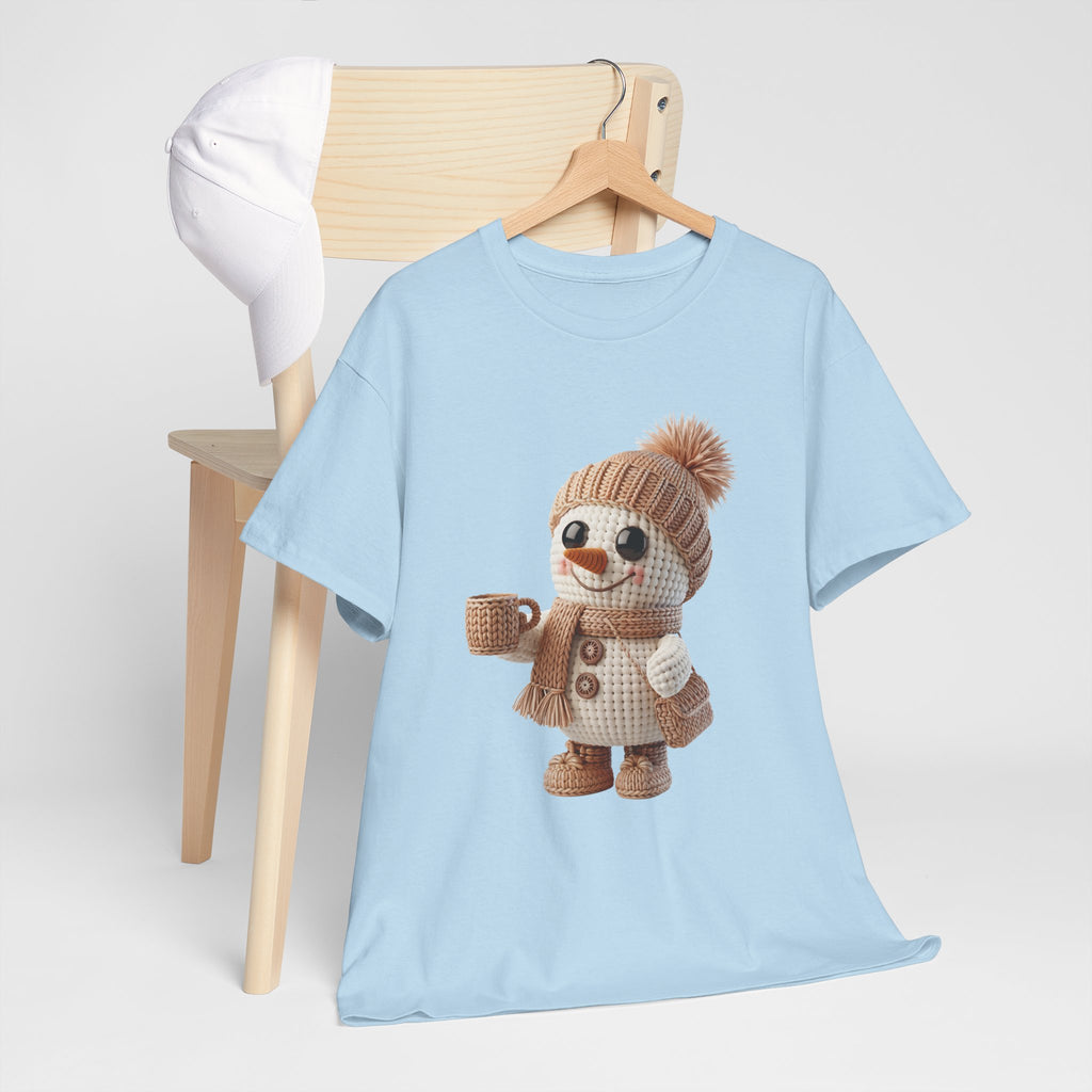 Cozy Snowman Tee — Smiling Snowman with Mug, Scarf & Beanie. Unisex Cotton Tee