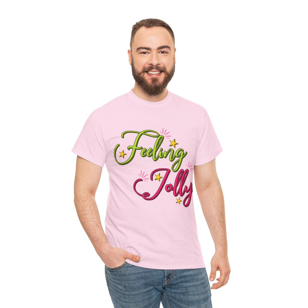 Feeling Jolly Tee — Festive Green & Pink Script with Yellow Stars Unisex Cotton Tee