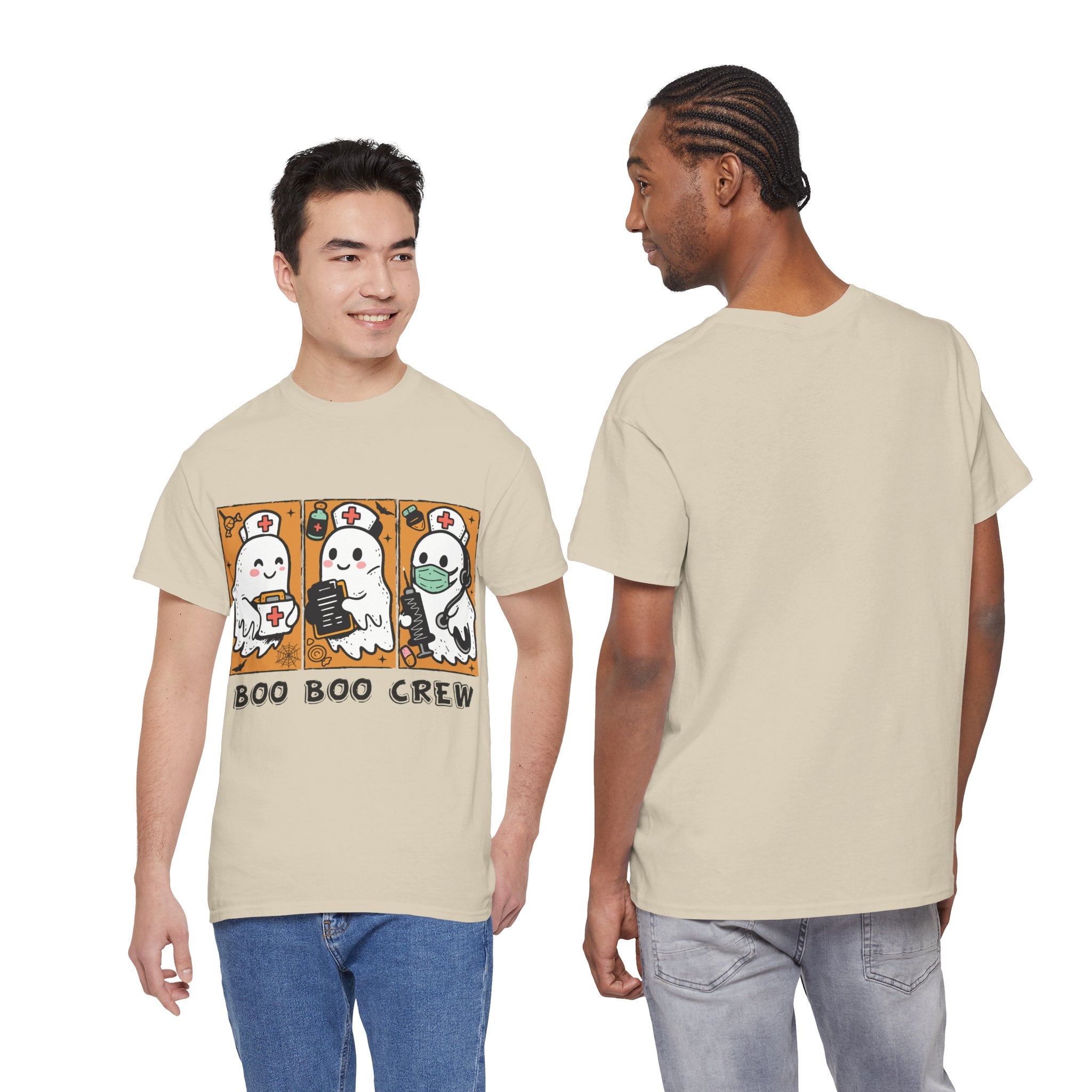 Halloween Nurse T-Shirt — Ghost Nurses Holding Medical Tools on Orange Unisec Cotton Tee