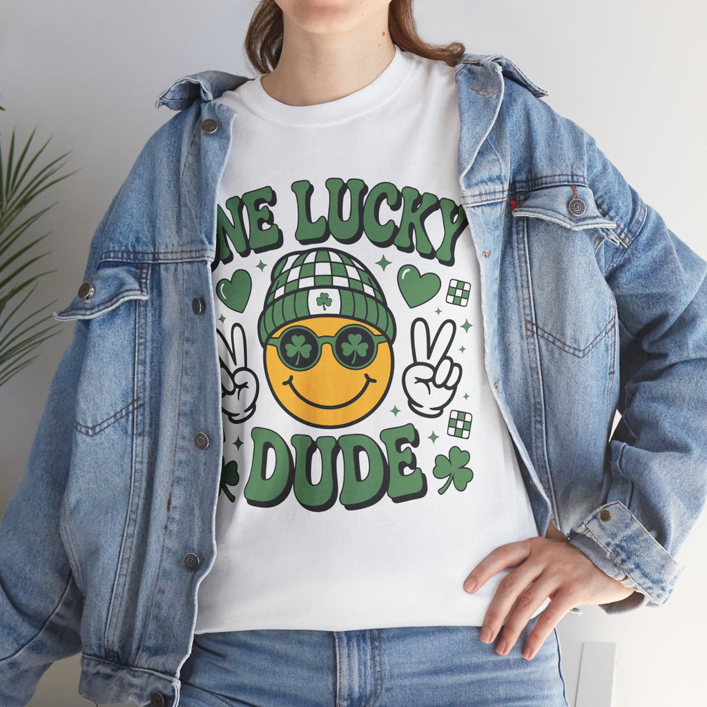 One Lucky Dude Shamrock Tee — St. Patrick's Day Smiley Unisex Cotton Tshirt