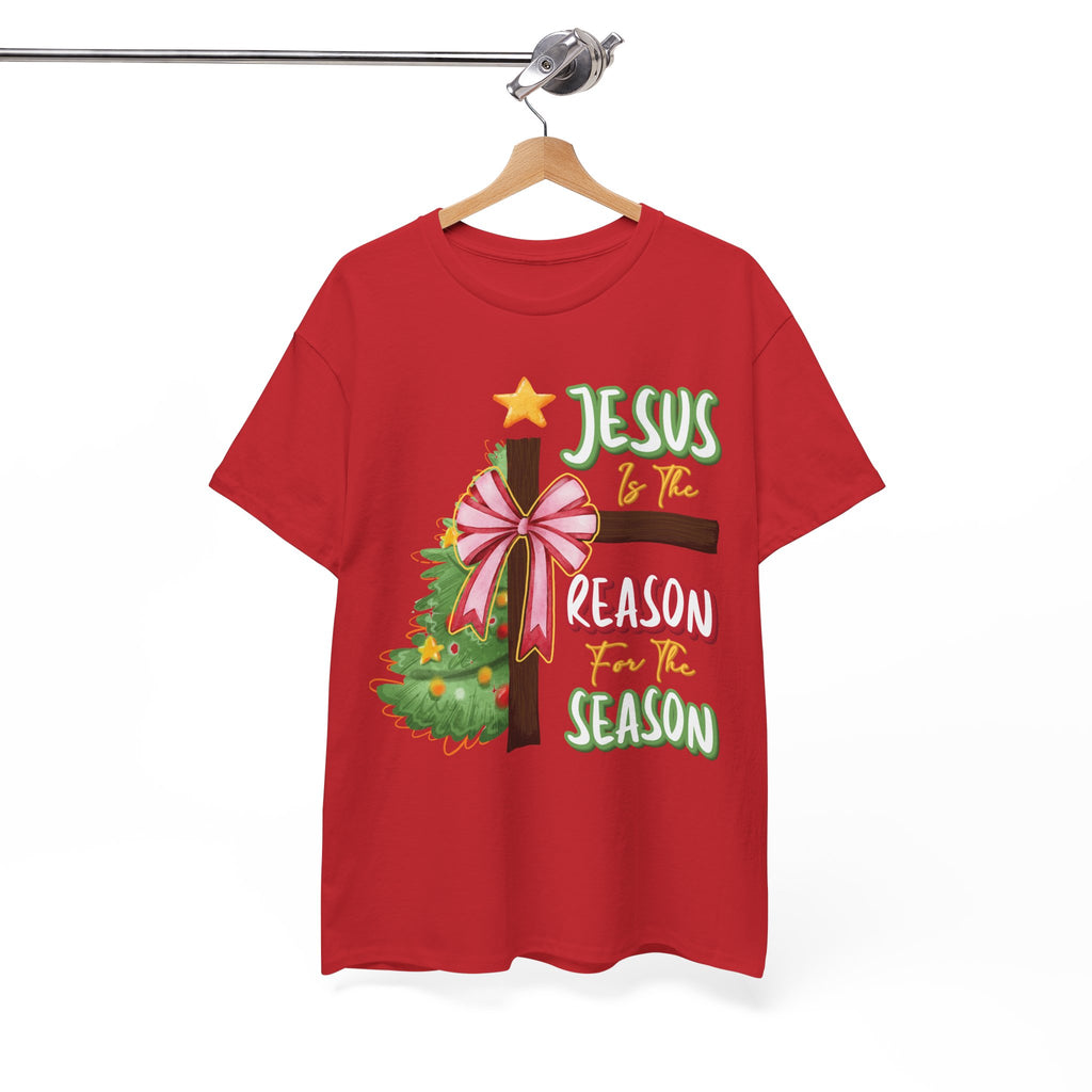 Jesus Is the Reason for the Season Christmas Tee — Cross with Pink Bow & Tree. Unisex Cotton Tee