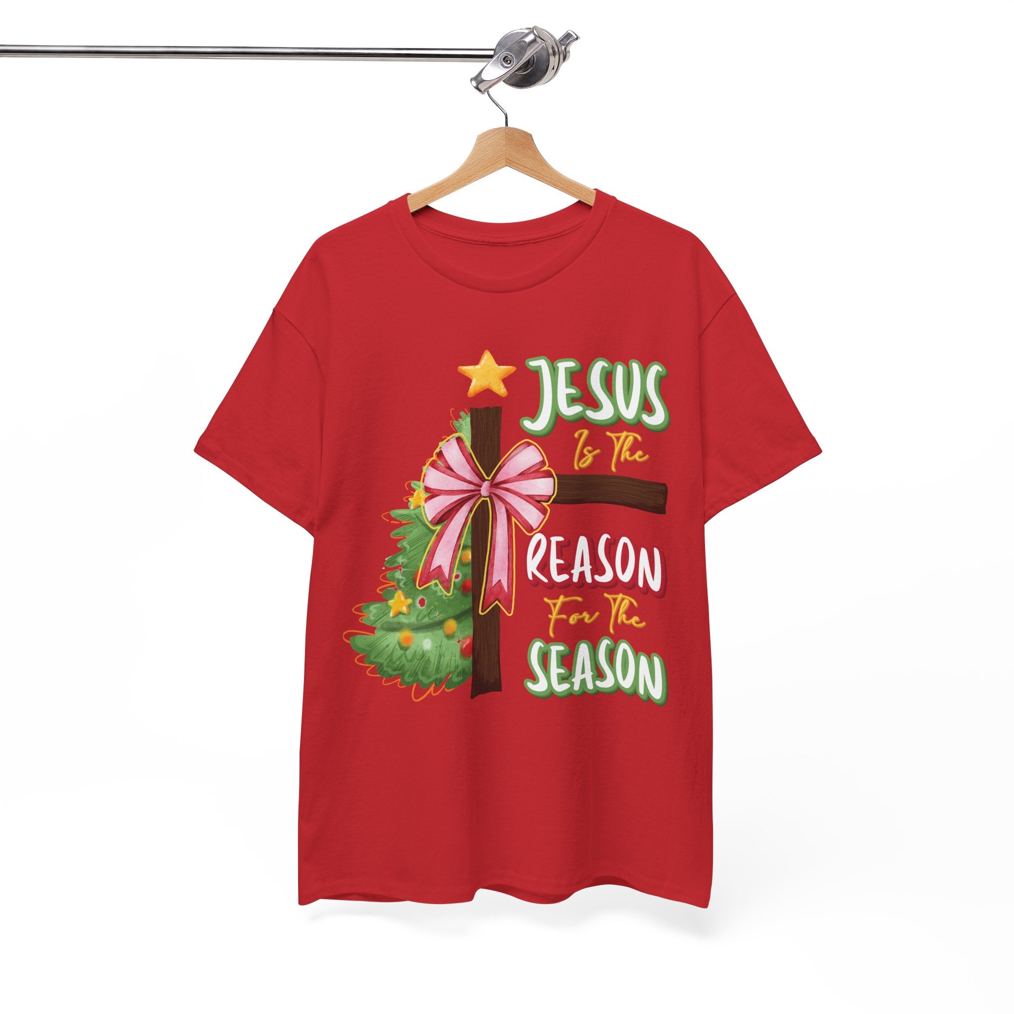 Jesus Is the Reason for the Season Christmas Tee — Cross with Pink Bow & Tree. Unisex Cotton Tee