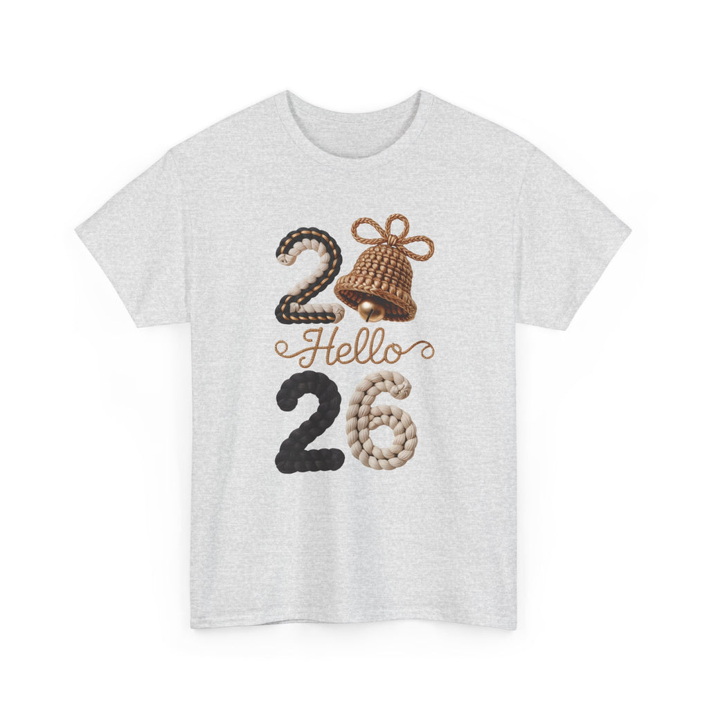 Hello 2026 Tee — Cozy Faux Yarn Braided Numbers with Woven Golden Bell..Unisex Cotton Tee