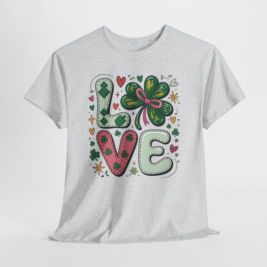 Stitched Clover 'LOVE' Tee — Heart & Patchwork St. Patrick's Unisex Cotton T-Shirt