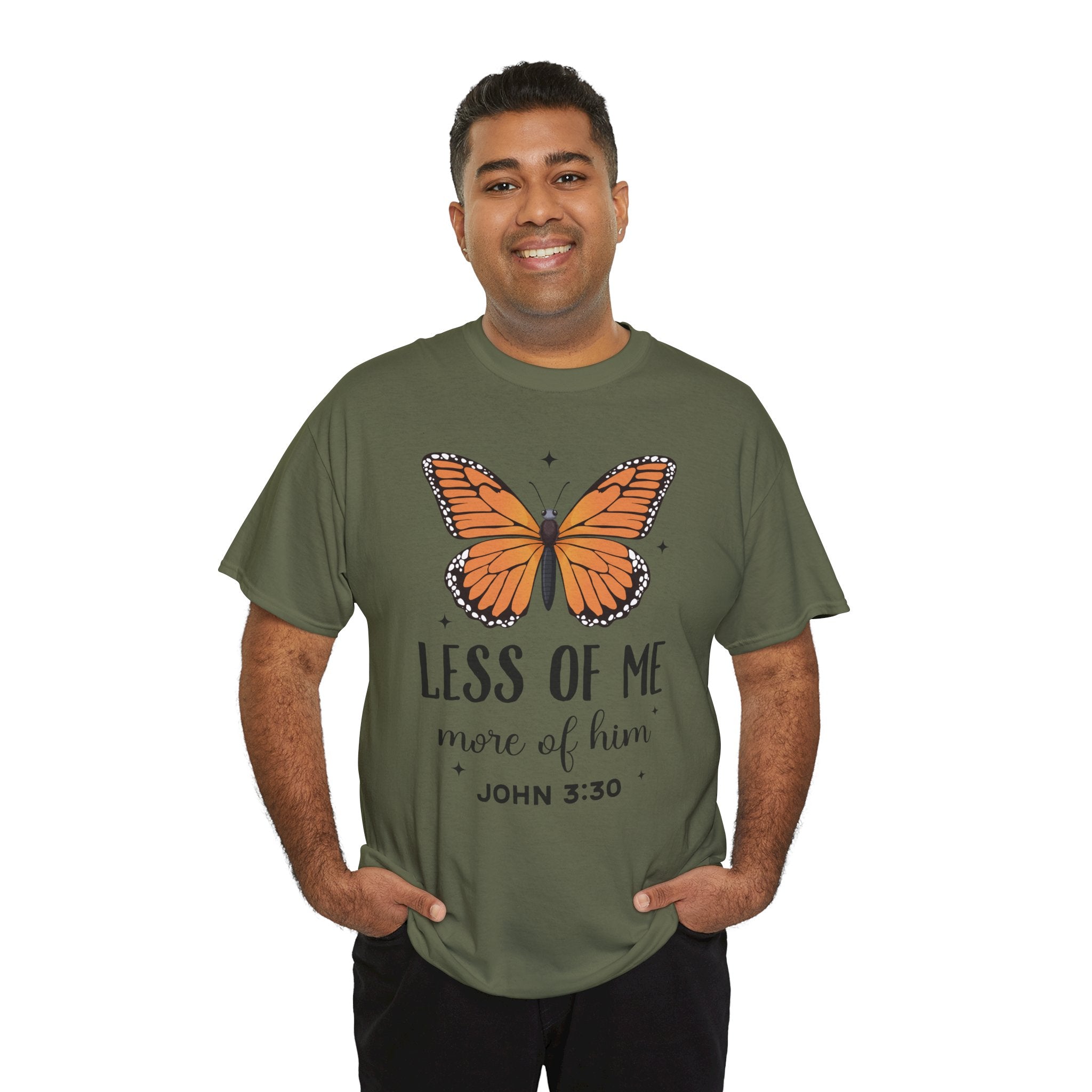 Monarch Butterfly Tee — "Less of Me, More of Him" Christian Unisex cotton T‑Shirt