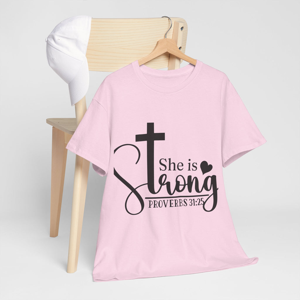 Proverbs 31:25 'She is Strong' T-Shirt – Christian Cross & Heart Unisex Cotton Tee