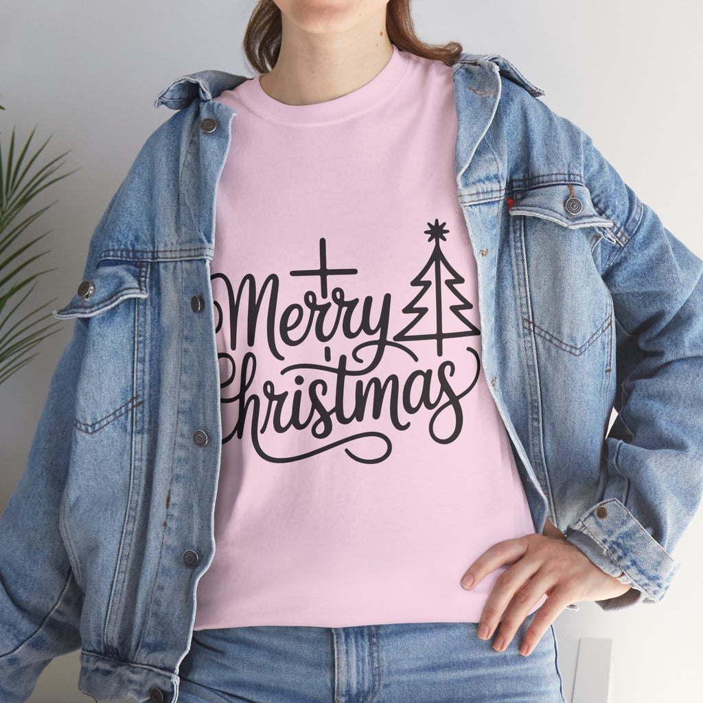 Merry Christmas Script T-Shirt with Cross & Tree(Unisex Cotton Tee)