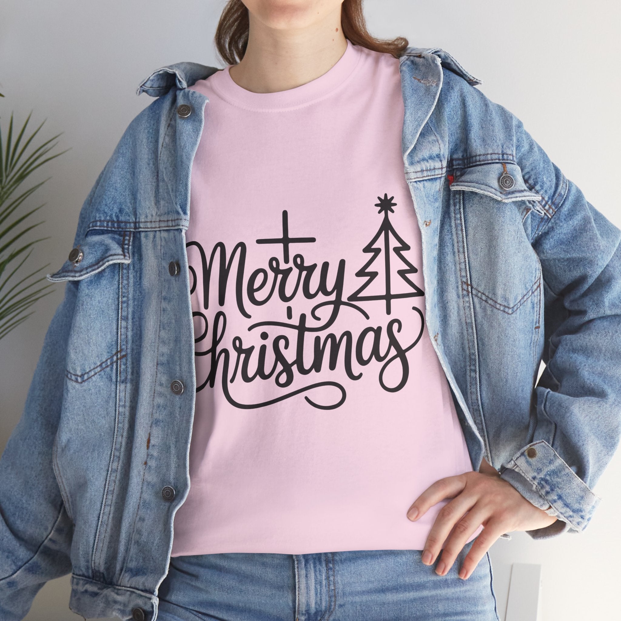 Merry Christmas Script T-Shirt with Cross & Tree(Unisex Cotton Tee)