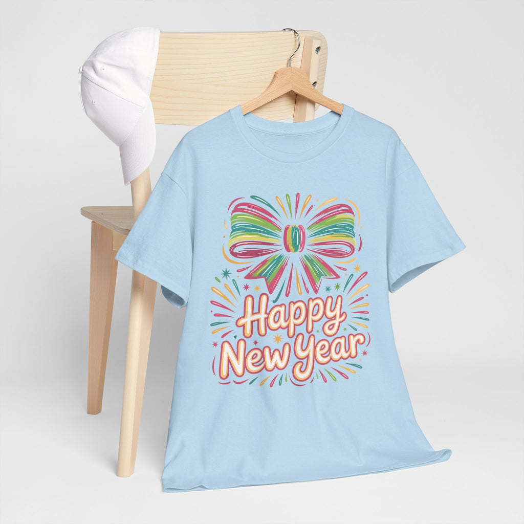 Happy New Year Pastel Tee — Rainbow Bow & Fireworks Celebration Unisex Cotton Tshirt
