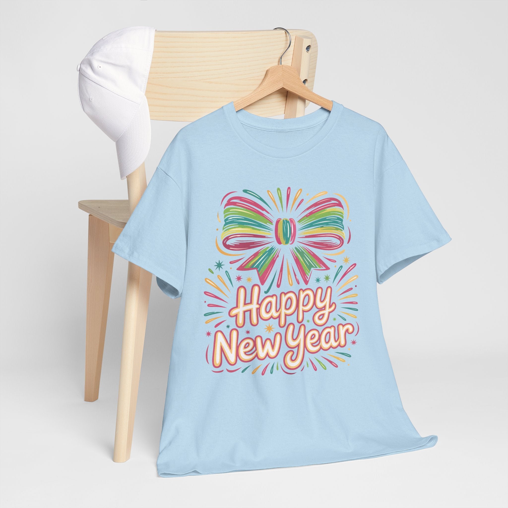 Happy New Year Pastel Tee — Rainbow Bow & Fireworks Celebration Unisex Cotton Tshirt