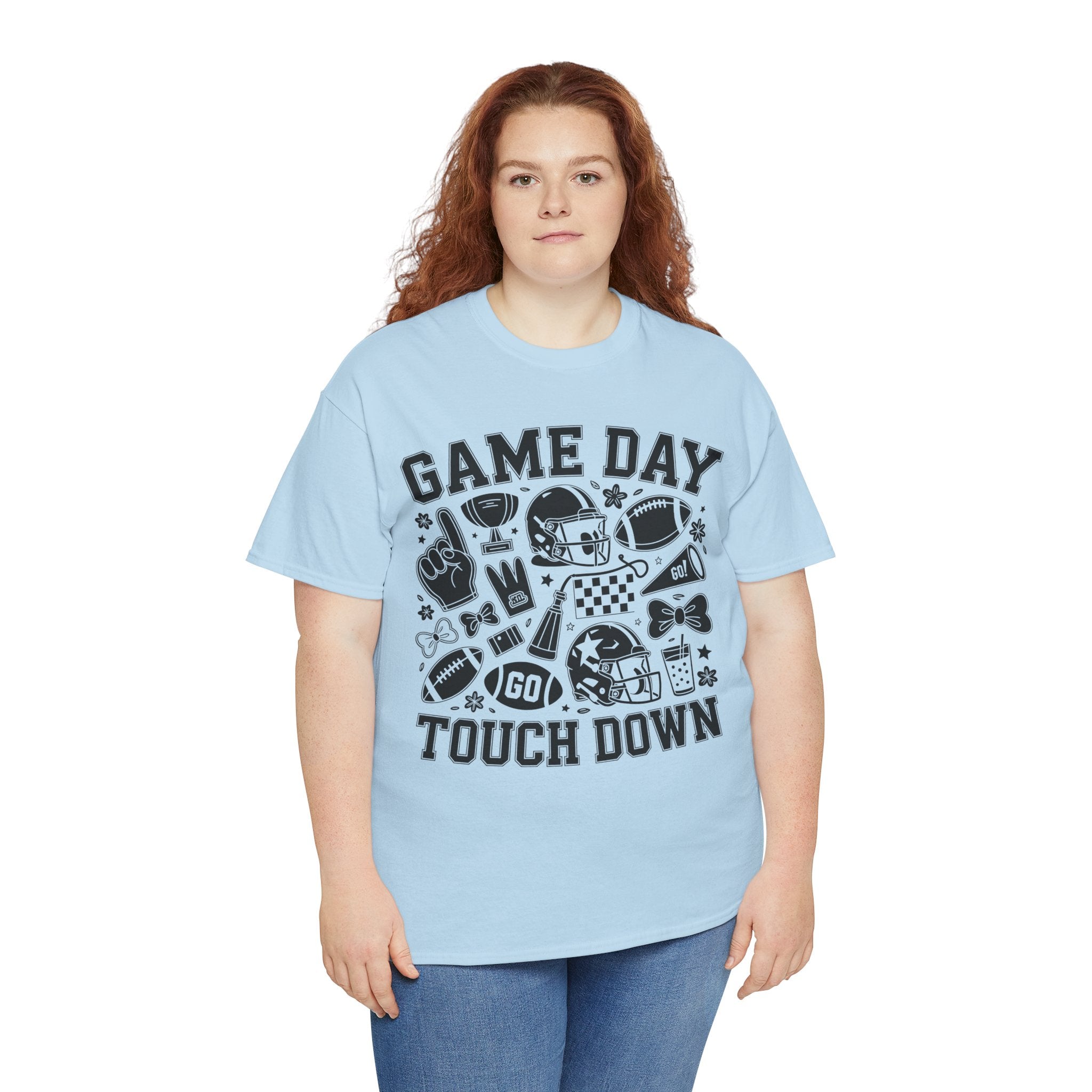 Game Day Touch Down Football T‑Shirt — Helmet & Cheer Monochrome Design Unisex Cotton Tee