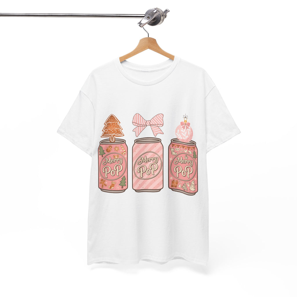 Merry Pop Christmas Soda Can Tee — Pastel Holiday Graphic Unisex Cotton T-Shirt
