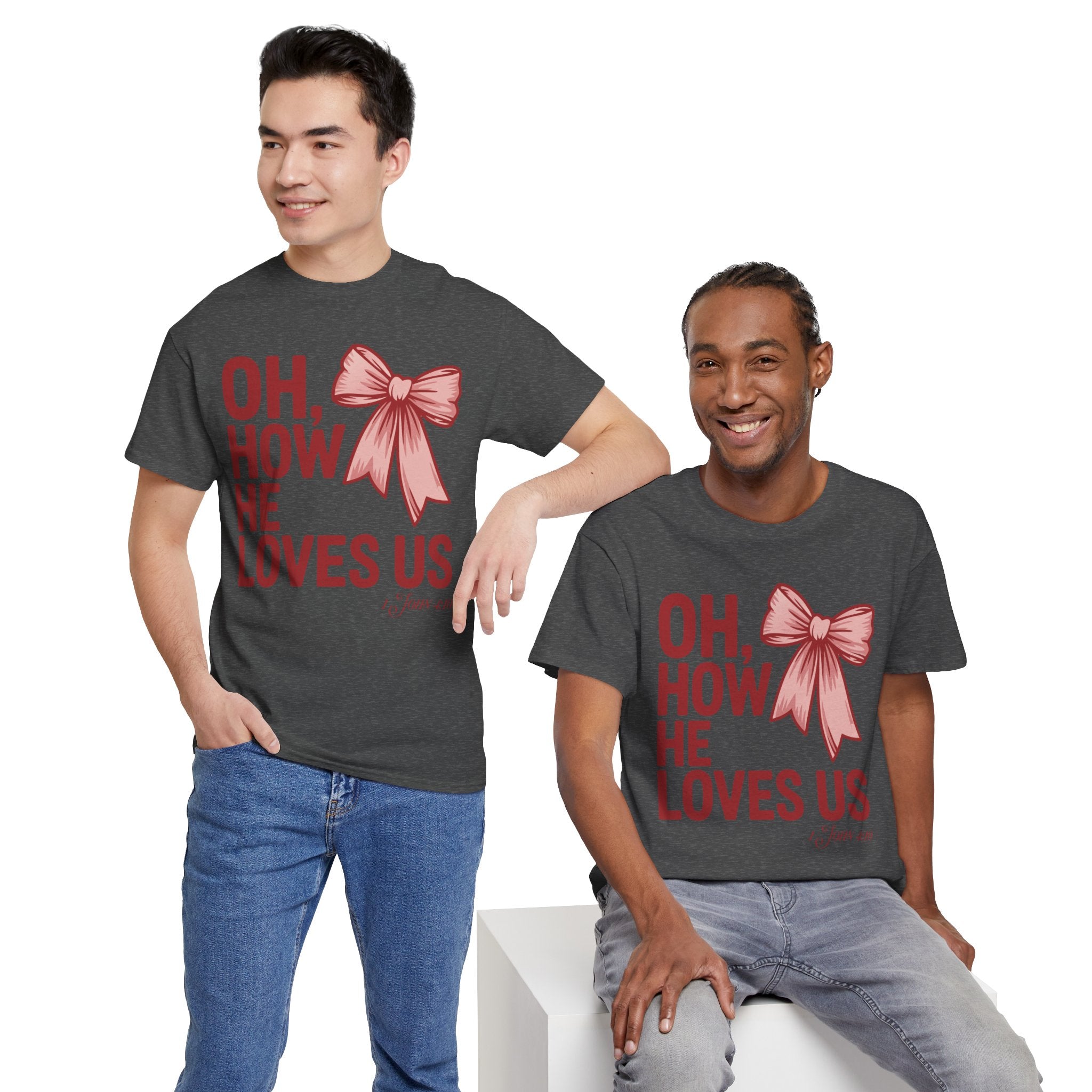 Oh, How He Loves Us Christian Valentine Tee — 1 John 4:10 Red & Pink Unisex Cotton Tee