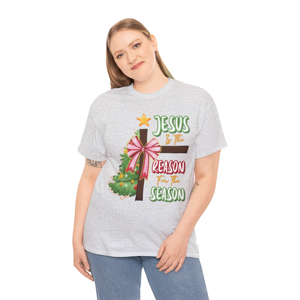 Jesus Is the Reason for the Season Christmas Tee — Cross with Pink Bow & Tree. Unisex Cotton Tee