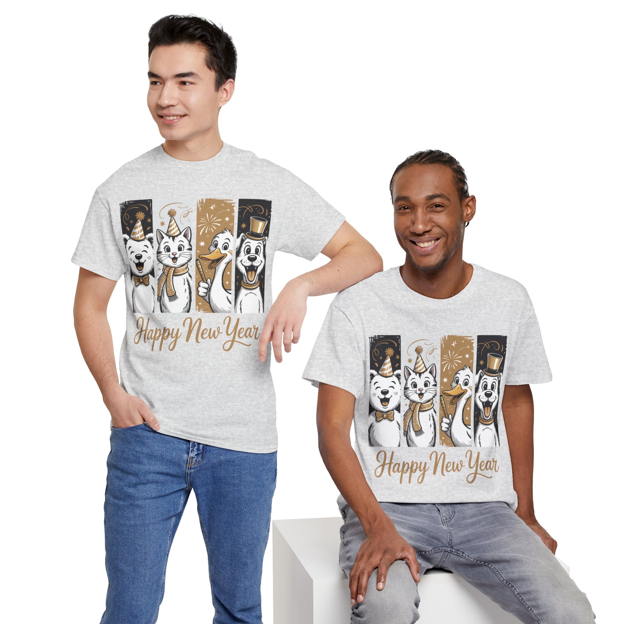 Happy New Year Party Animals T-Shirt — Cute Smiling Animals in Party Hats & Gold Fireworks..Unisex Cotton Tee