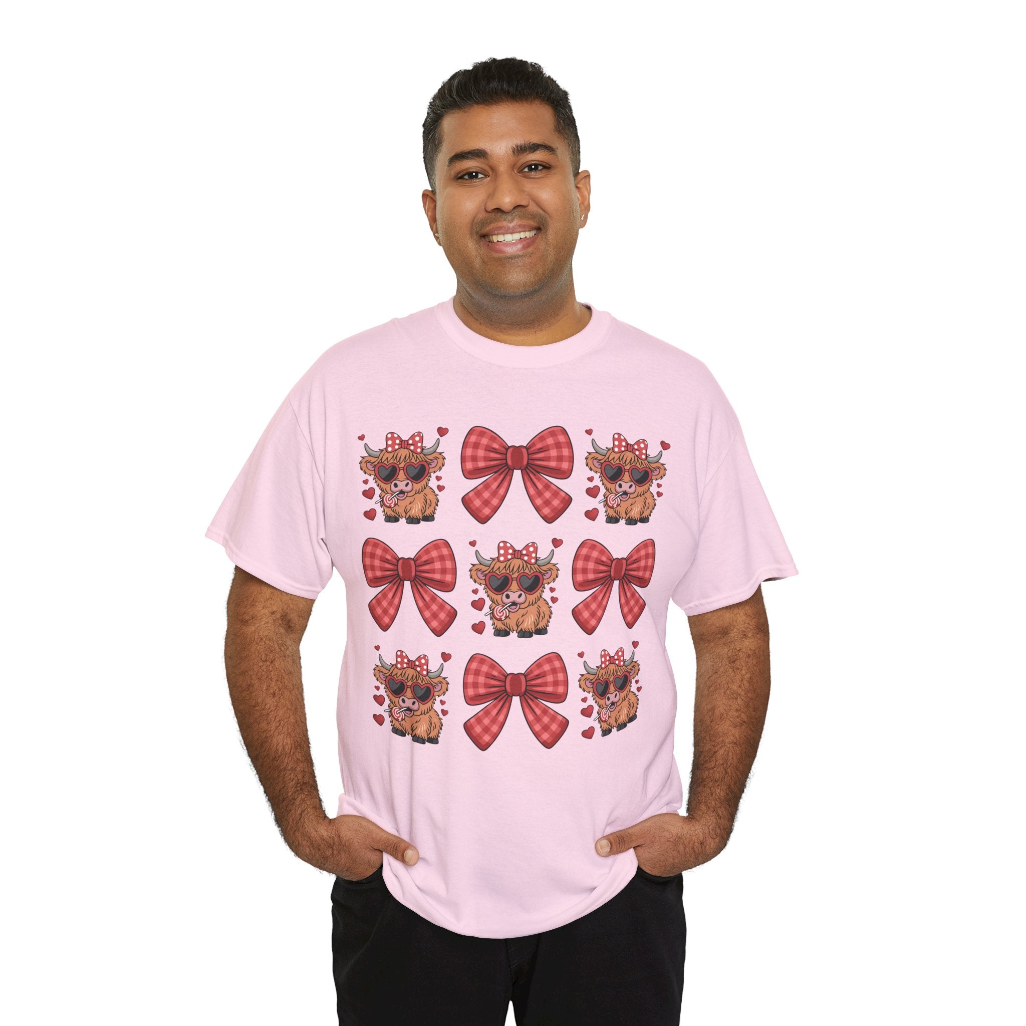 Valentine Cow Checkered Tee — Fluffy Cows with Heart Sunglasses & Red Bows..Unisex Cotton Tee