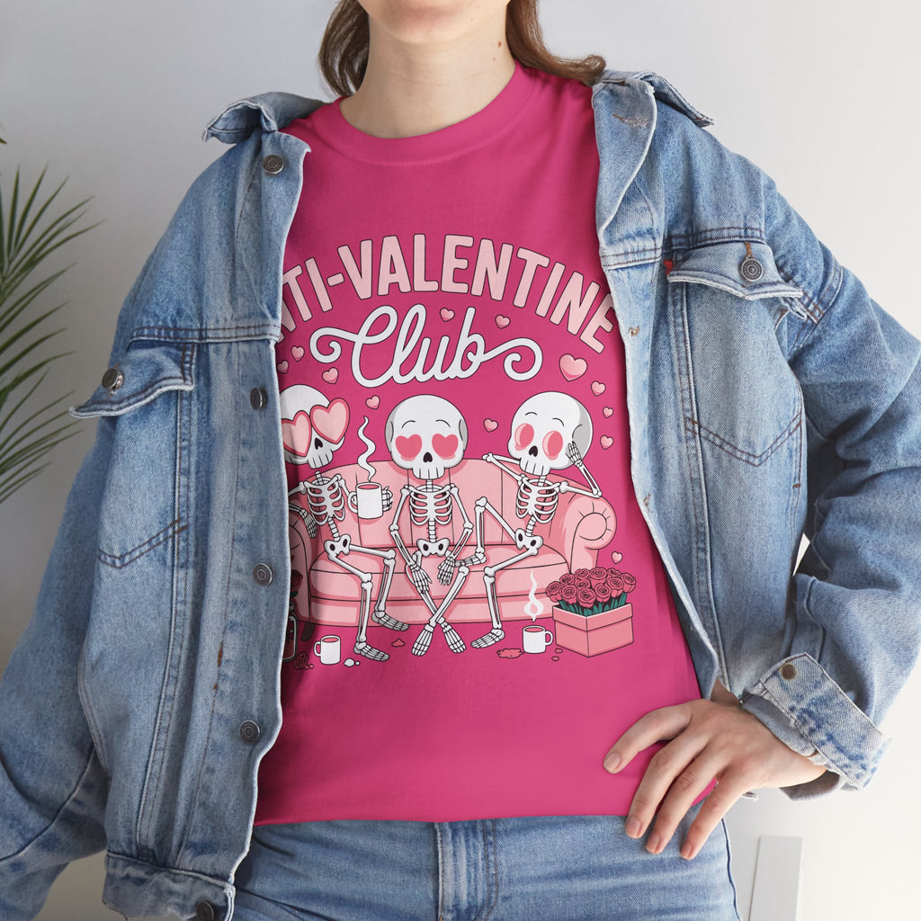 Anti-Valentine Club Skeleton Tee — Anti-Romance Pink Couch Graphic Unisex Cotton T-Shirt