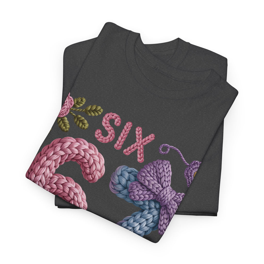 Pastel Crochet Numbers 6 & 7 Tee — Faux-Yarn Bows & Flowers. Unisex Cotton Tee