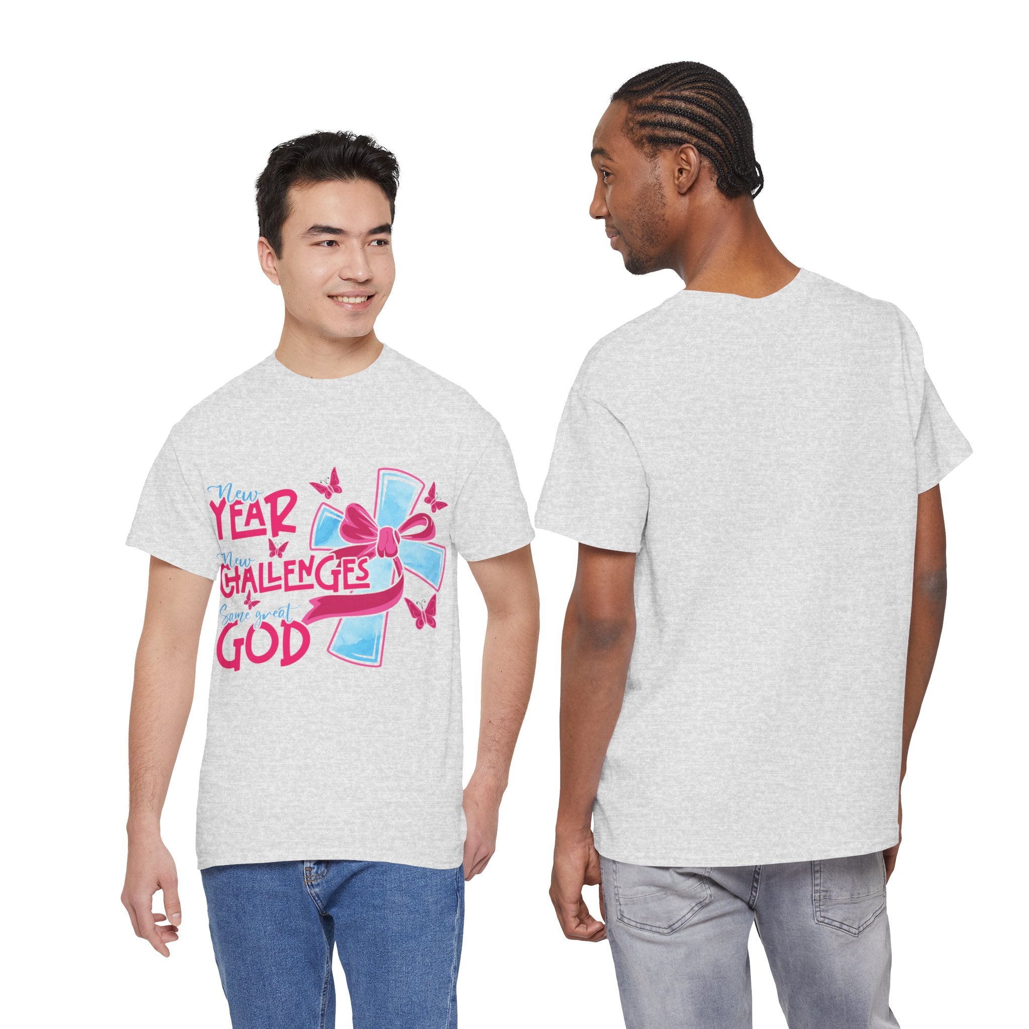 Christian T-Shirt — “New Year, New Challenges, Same Great God” with Pink Bow Cross & Butterflies. Unisex Cotton Tee